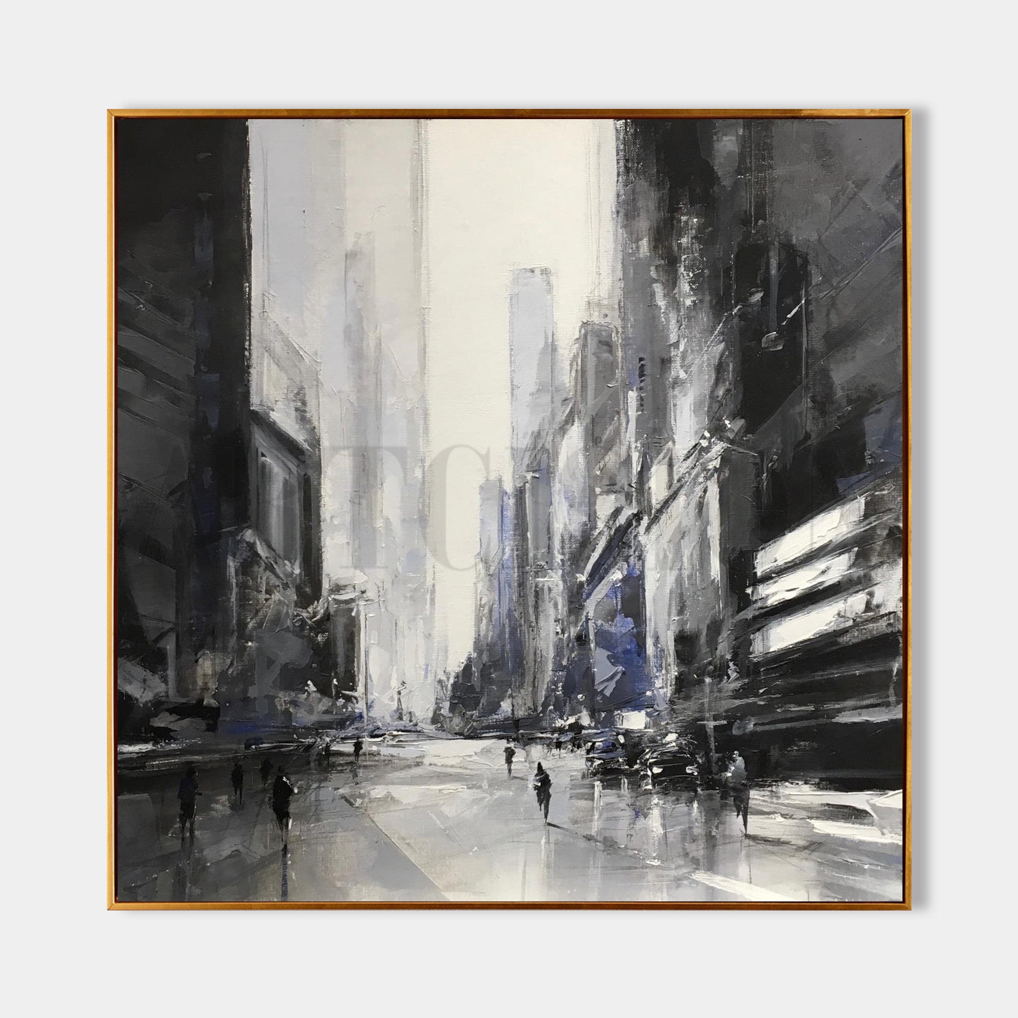 a black and white painting of a city street