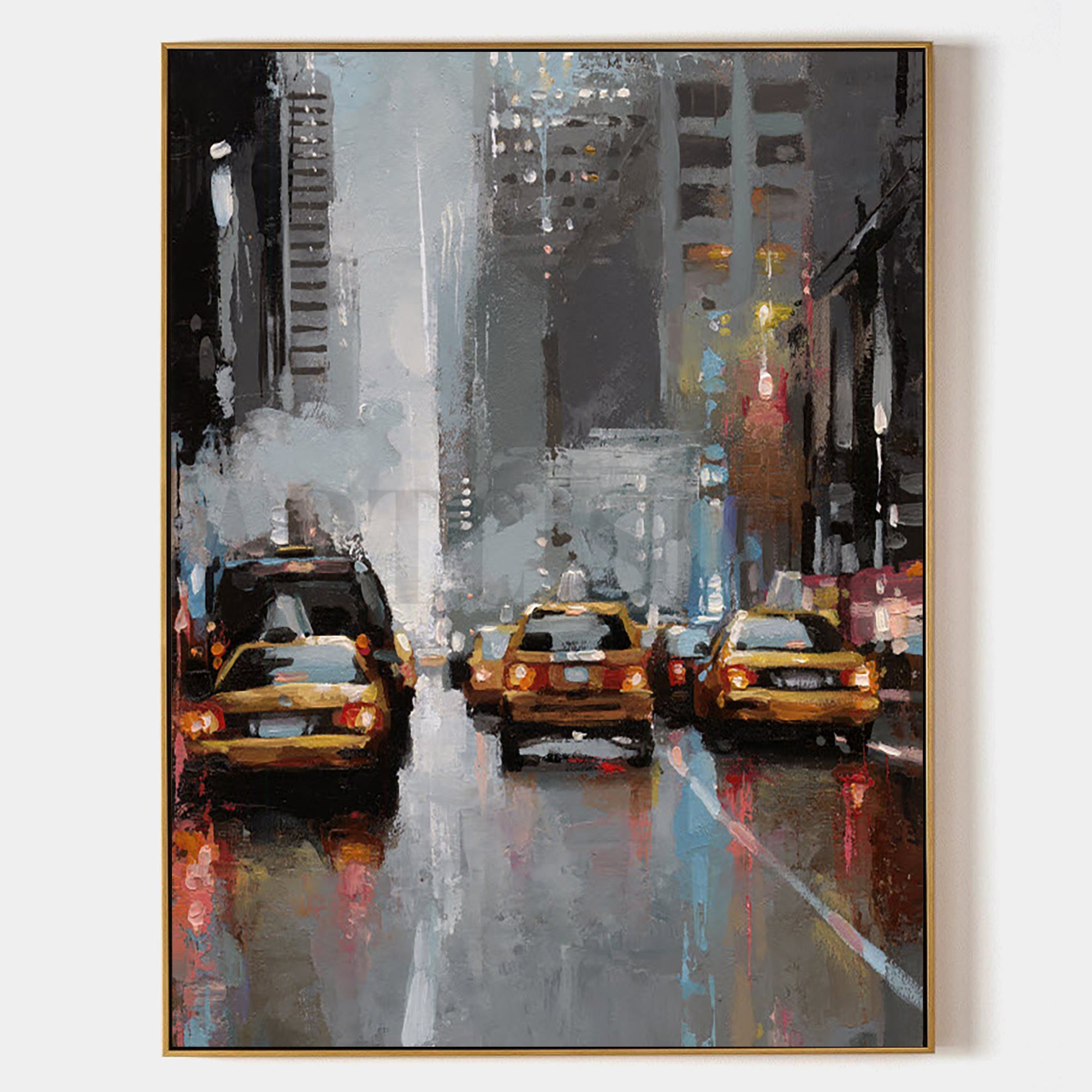 a painting of taxi cabs on a city street