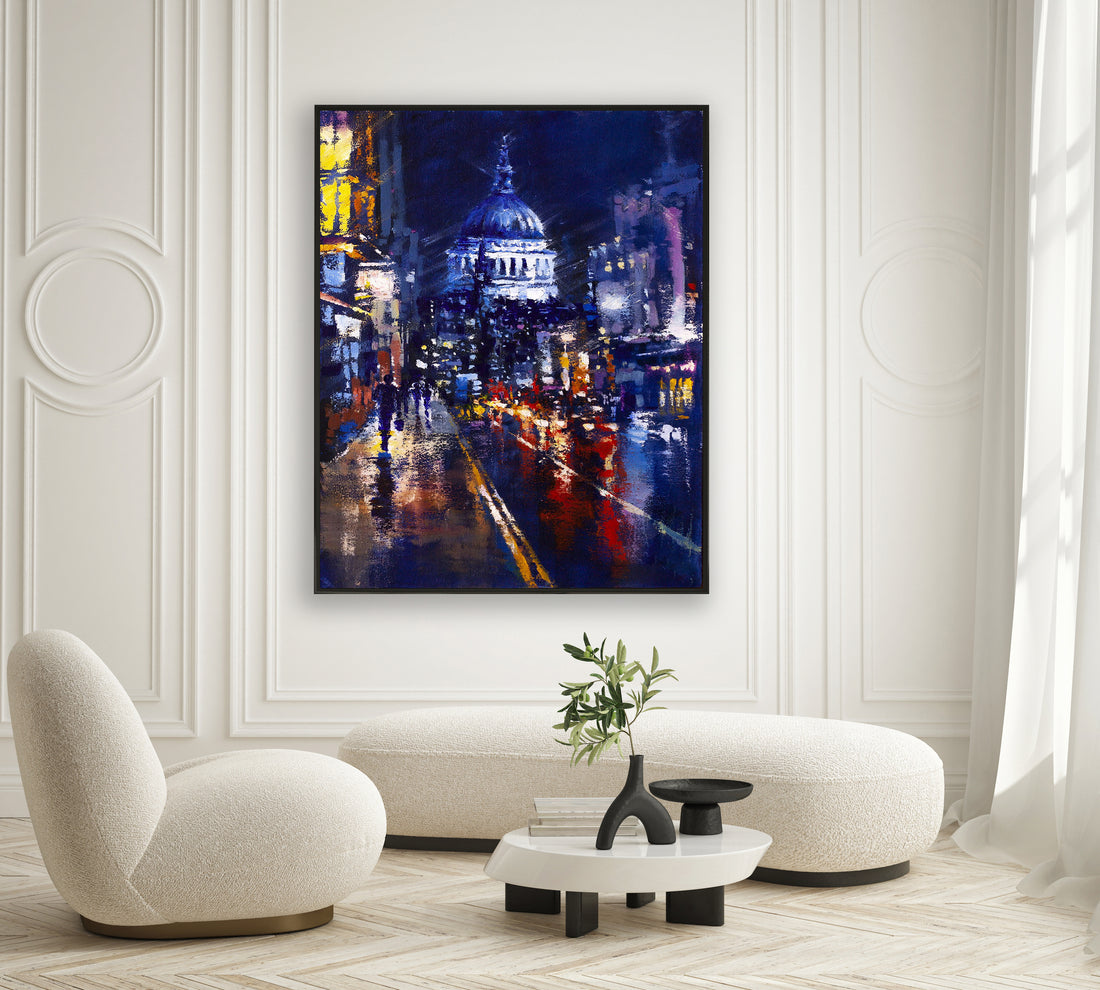 a painting of a city street at night