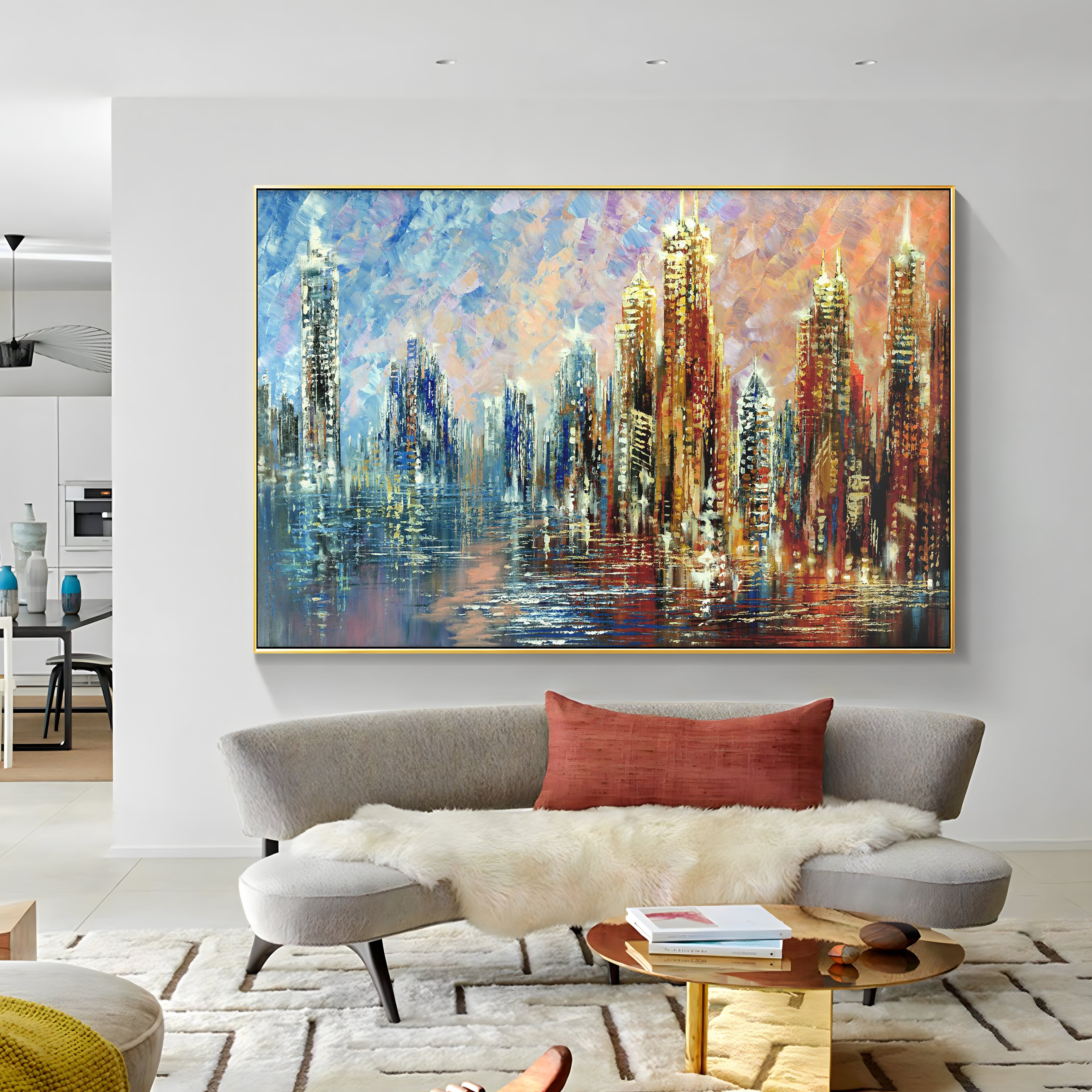 a painting hanging on a wall in a room