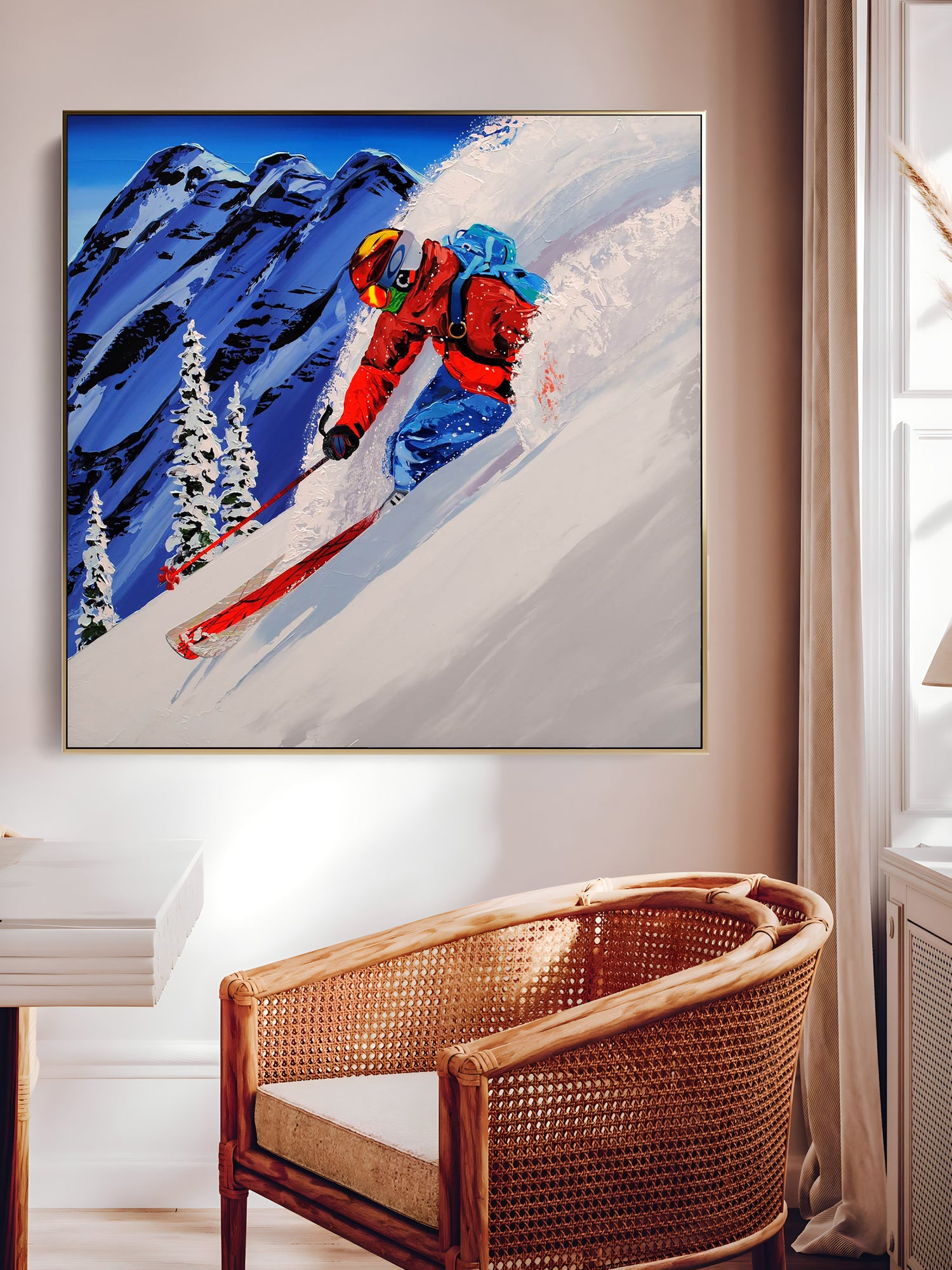 a painting of a skier going down a mountain