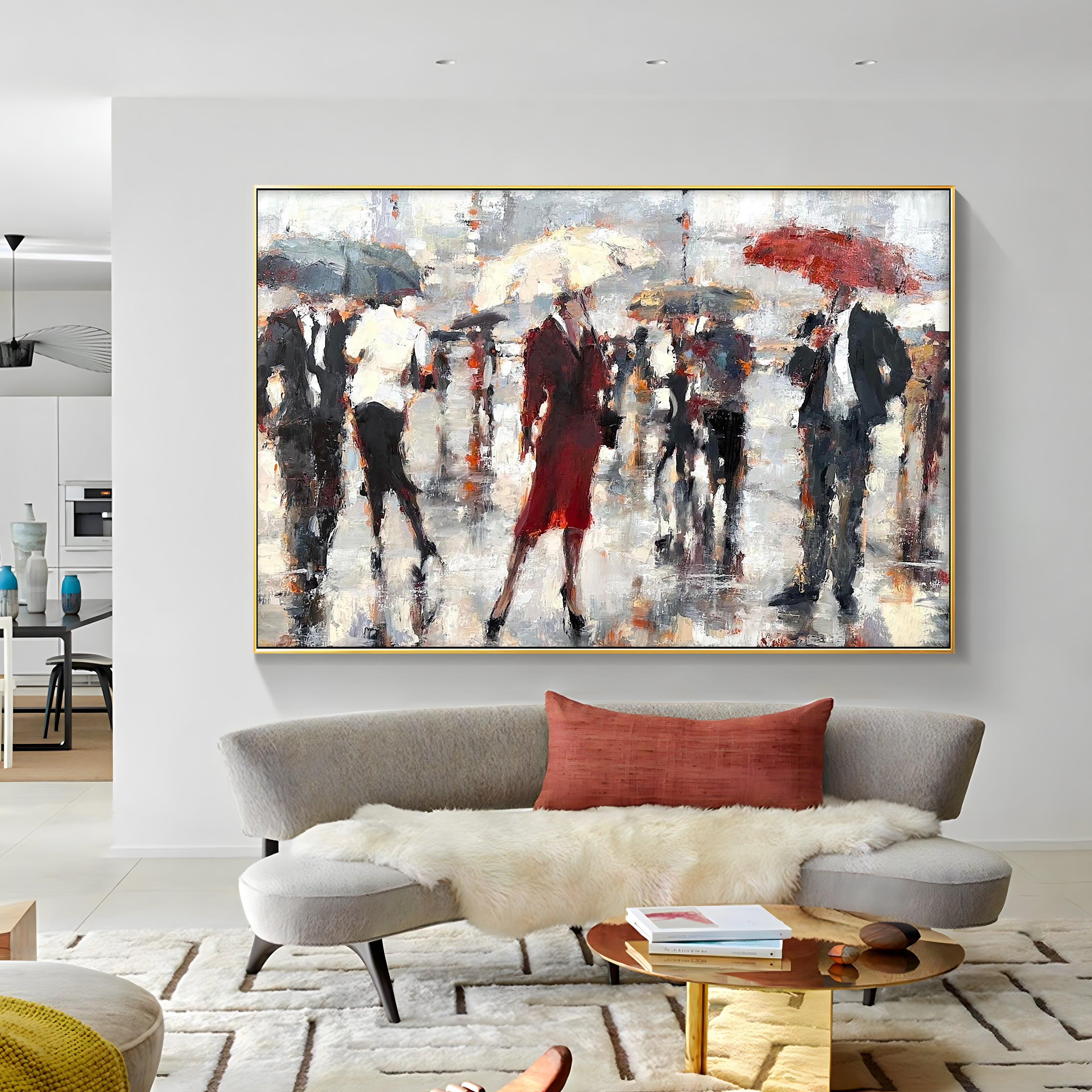 a painting hanging on a wall in a room