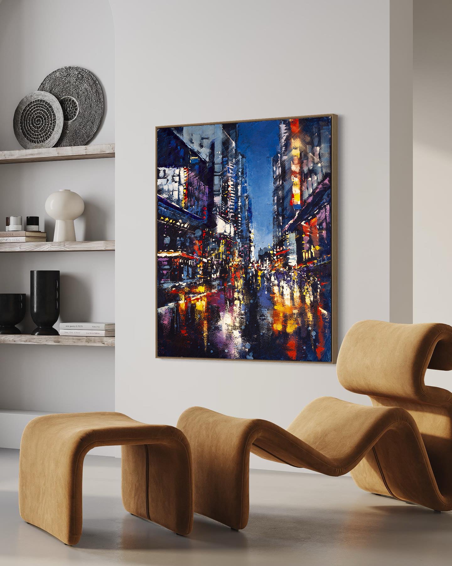 a painting of a city street at night