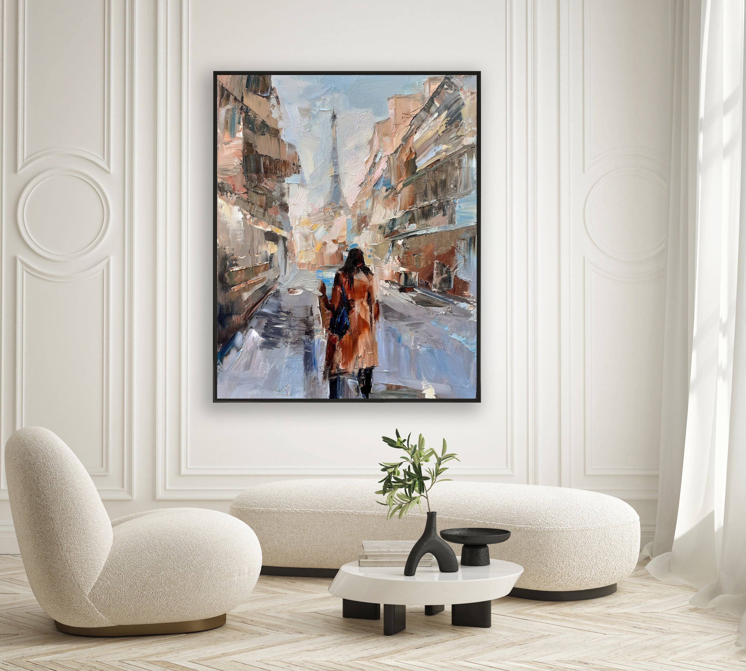 a painting of two people walking down a street