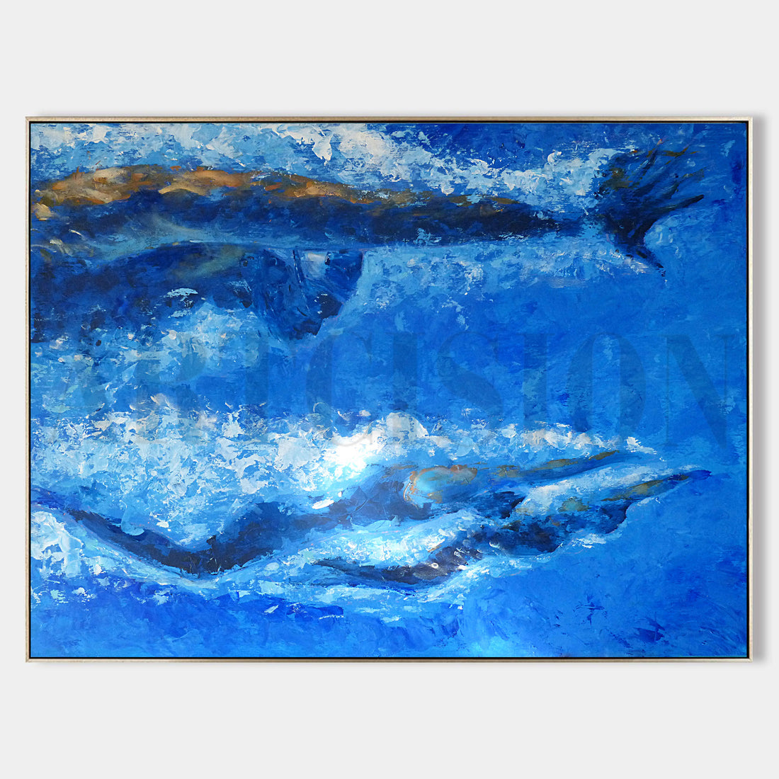 a painting of two dolphins swimming in the ocean