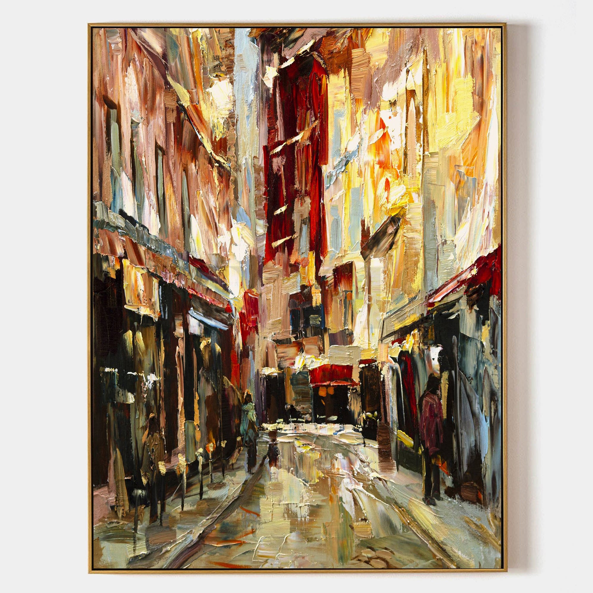 a painting of a city street with buildings