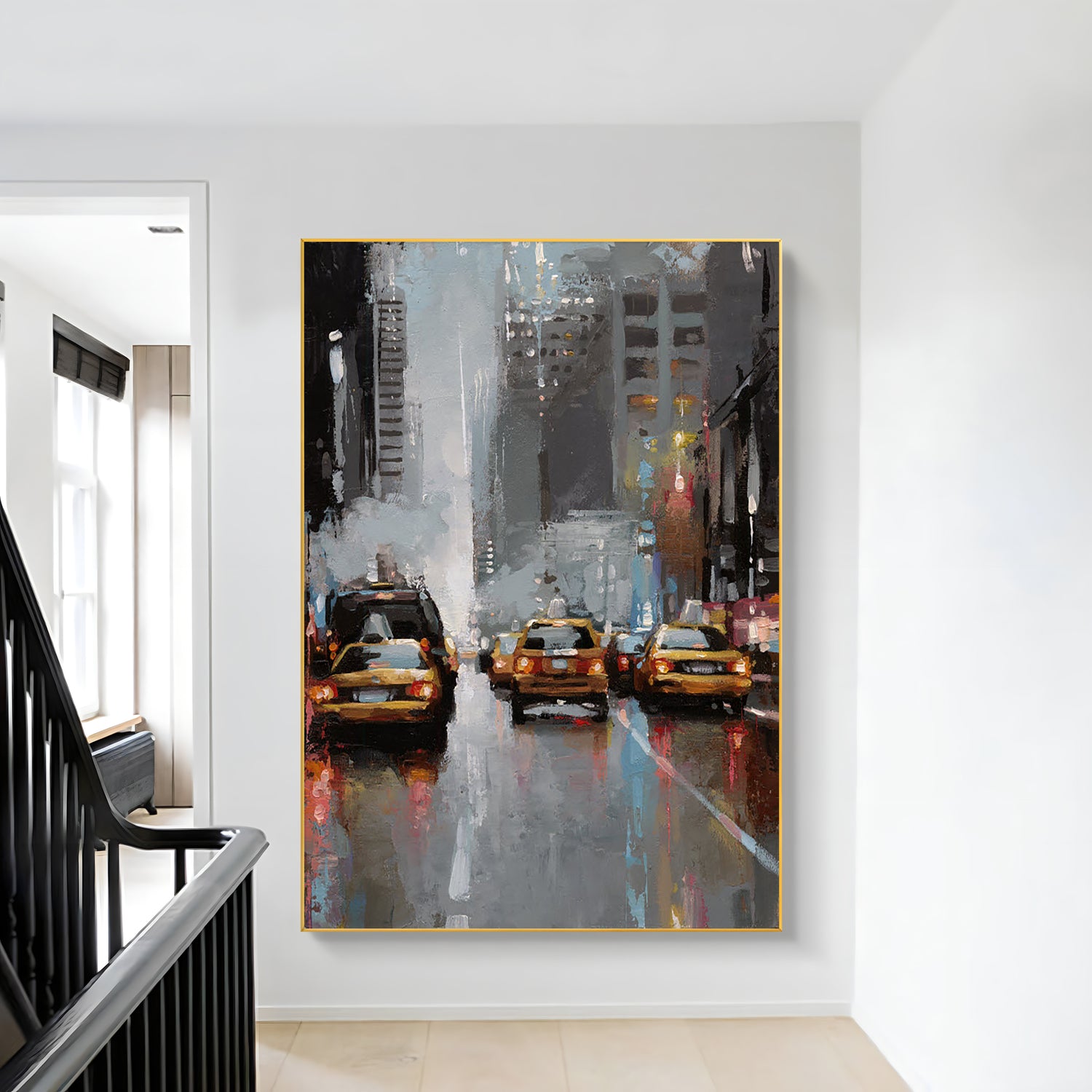 a painting of taxi cabs on a city street