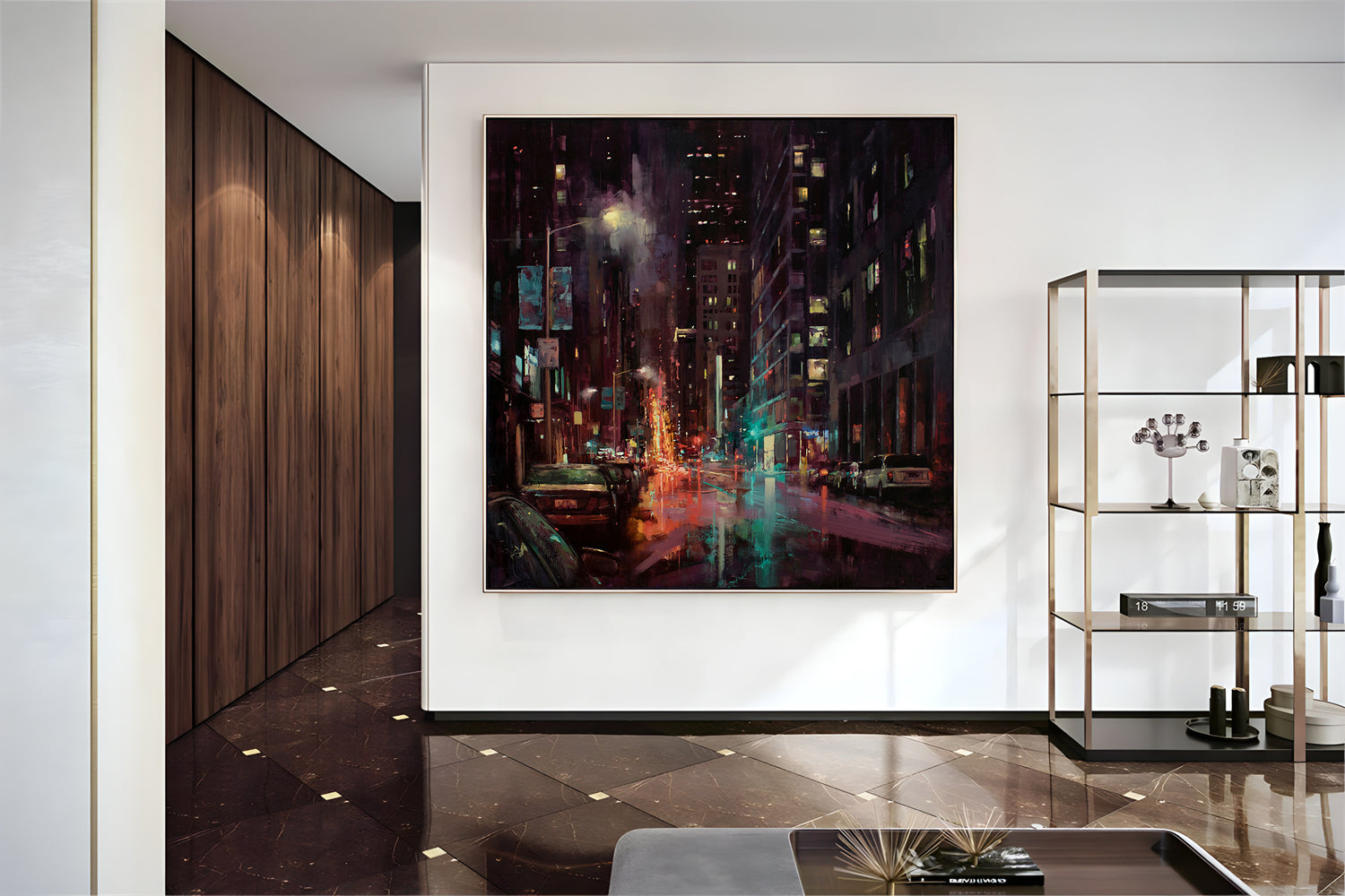 a painting of a city street at night