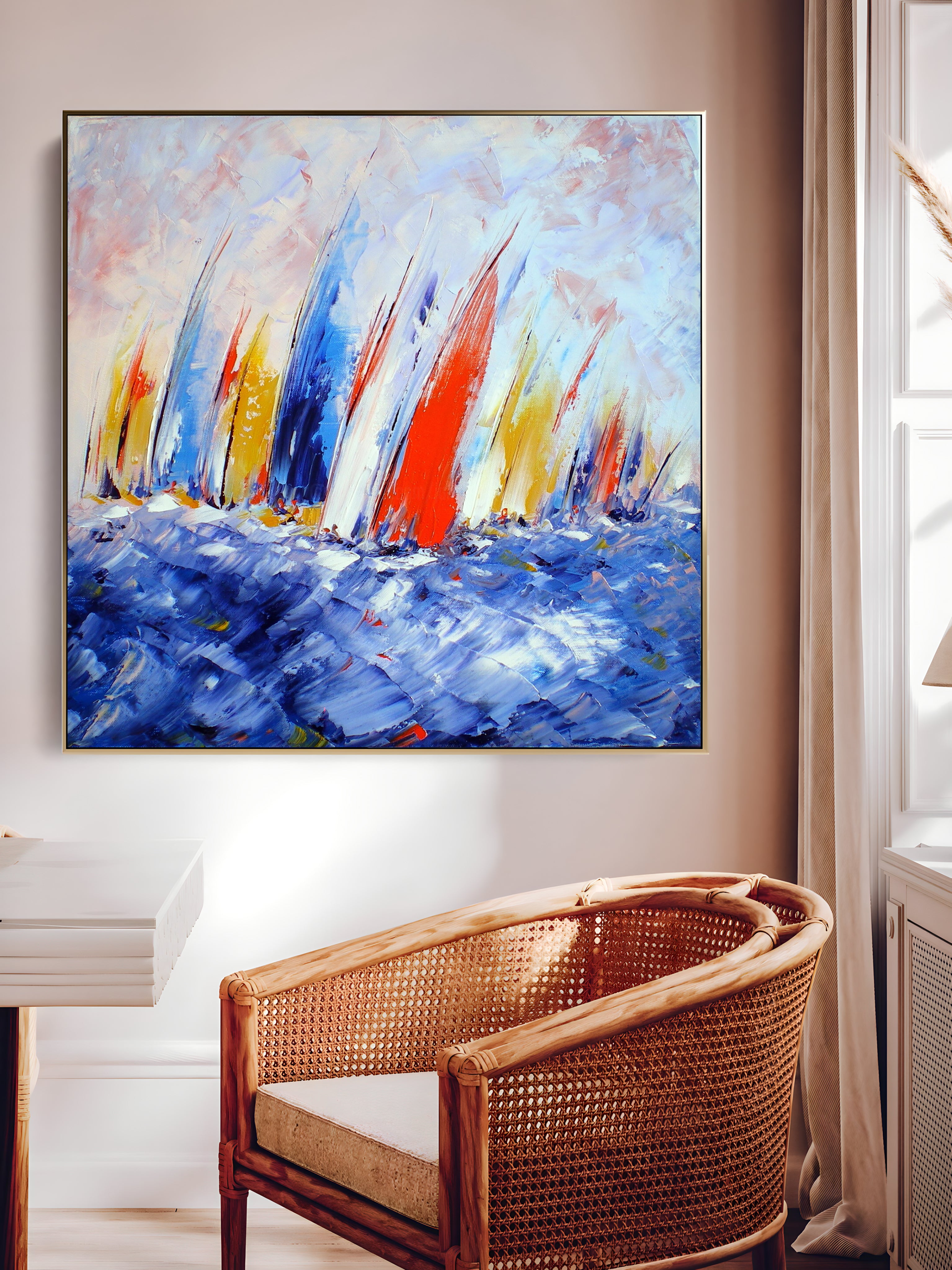 a painting of sailboats in a blue ocean