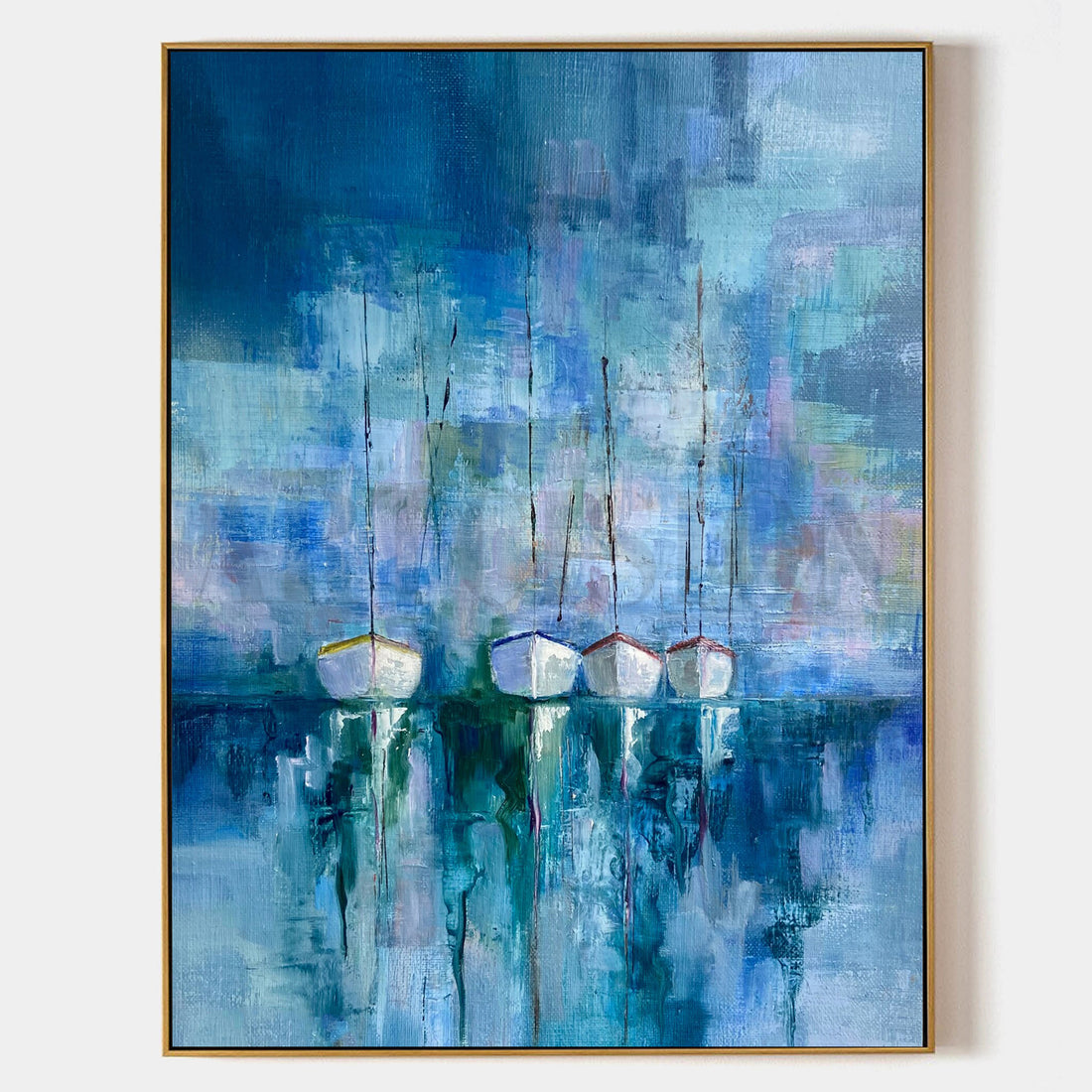 a painting of three boats floating in the water