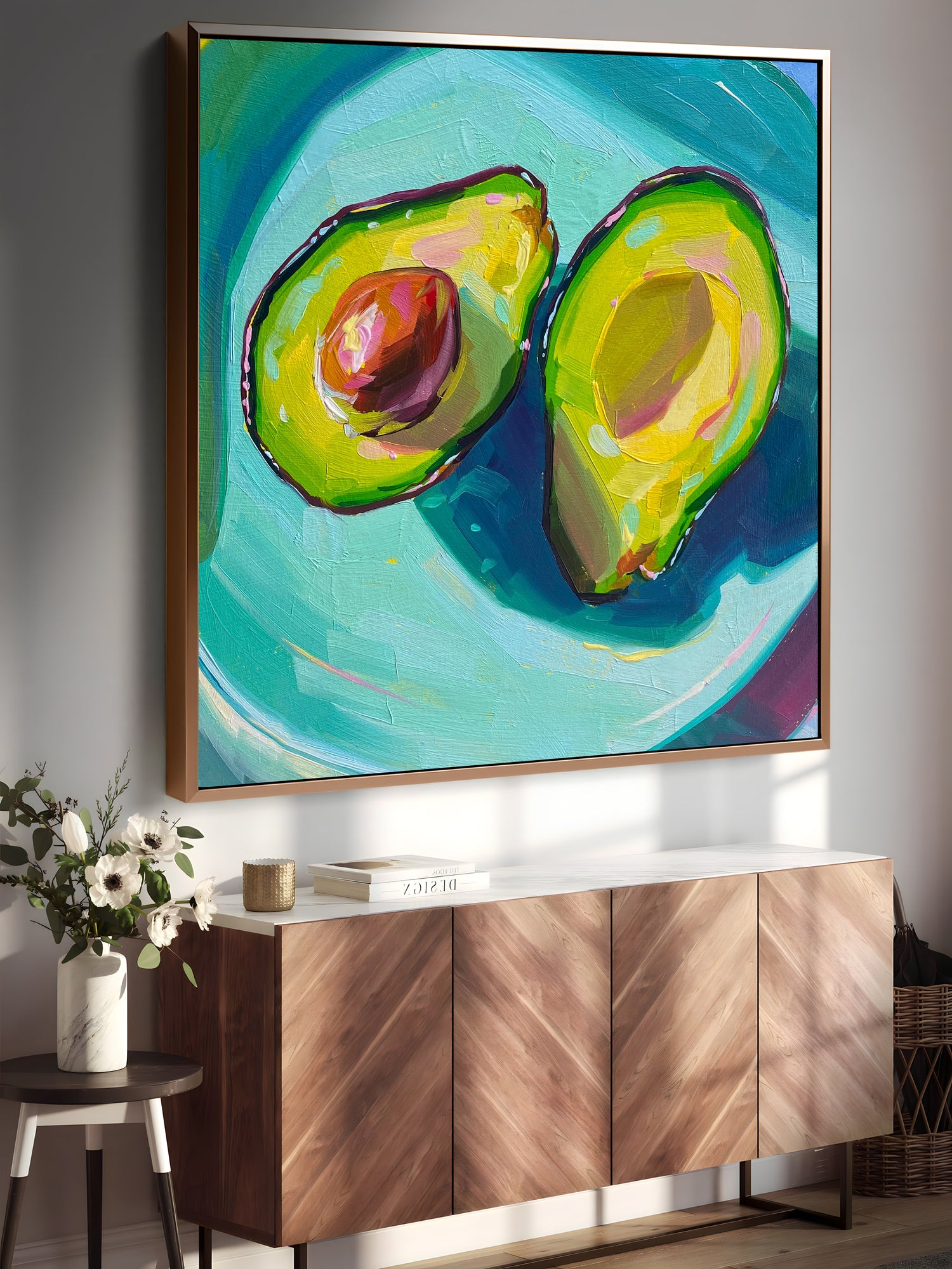 a painting of two avocados on a wall