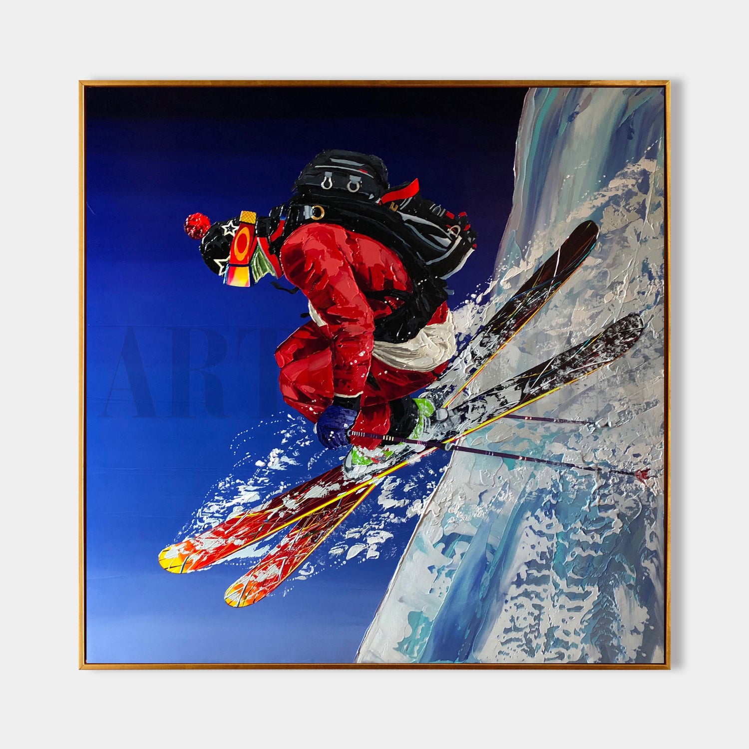 a painting of a skier jumping off a cliff