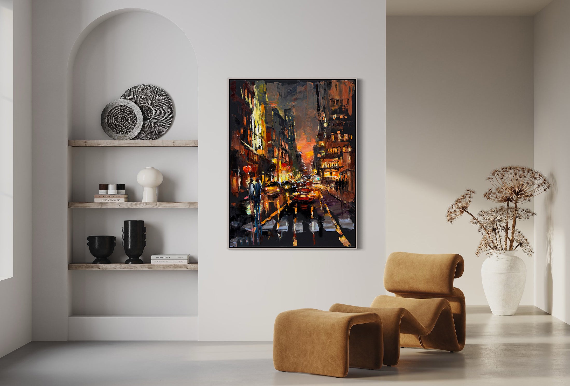 a painting of a city street at night