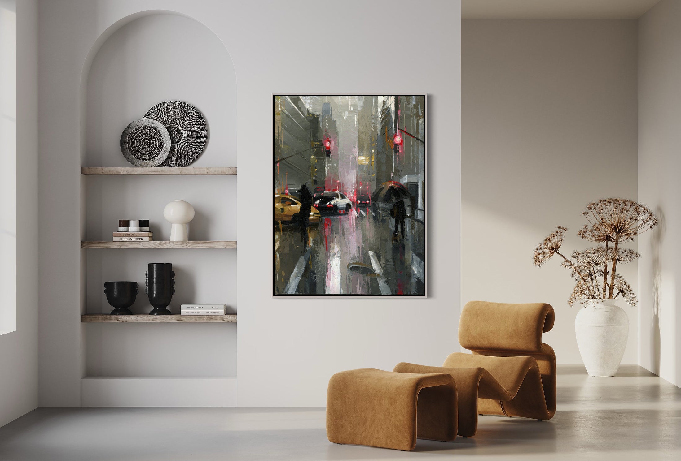 a living room with two chairs and a painting on the wall