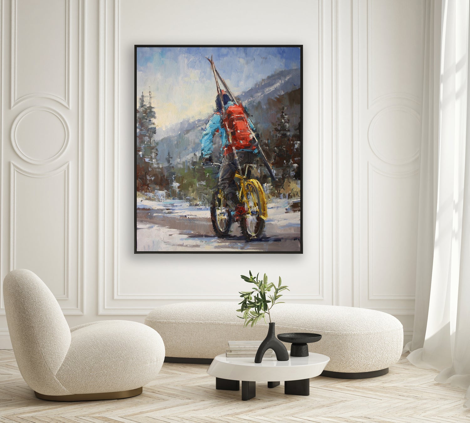 a painting of a man riding a bike in the snow