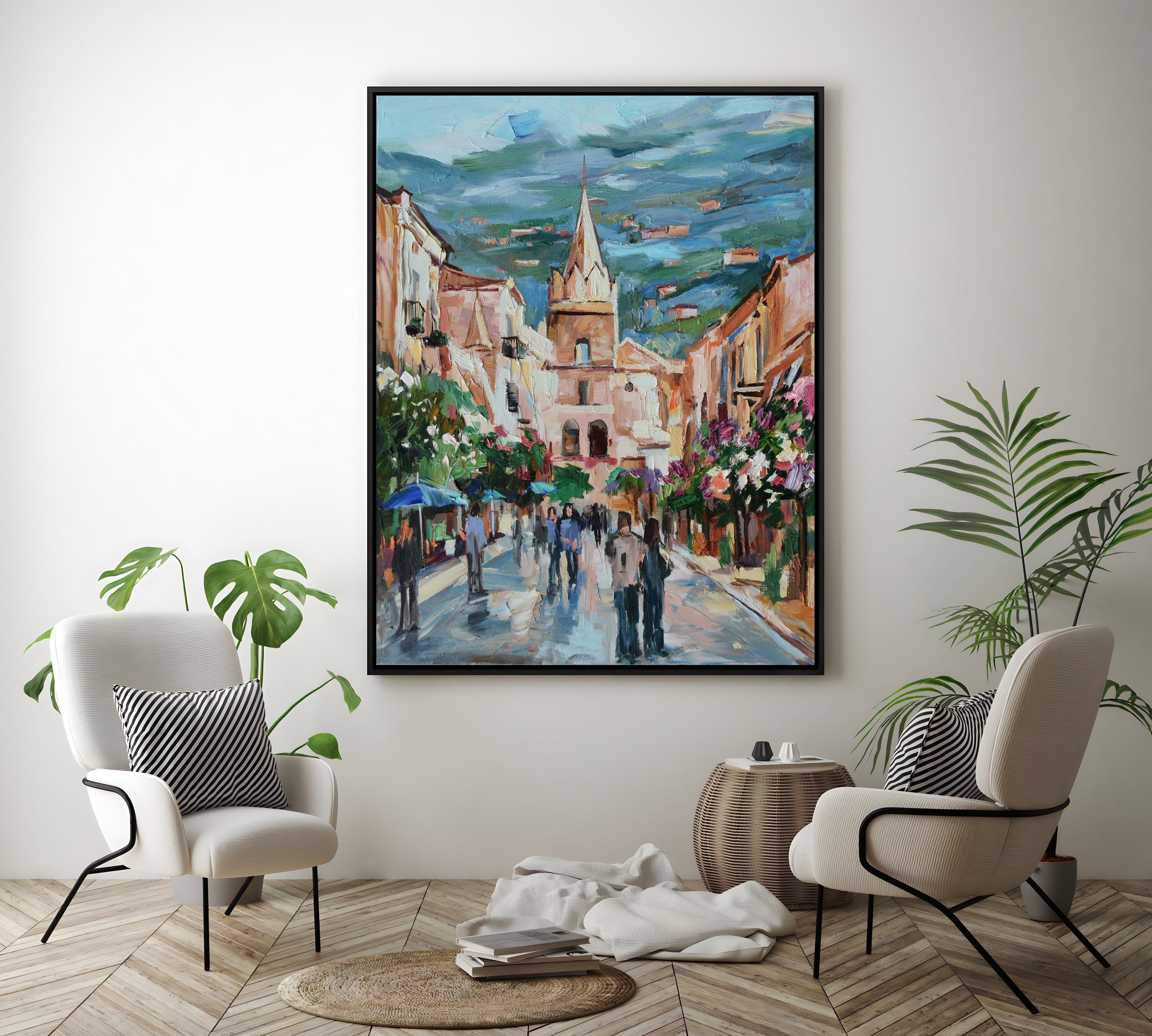 a painting of people walking down a street in the rain