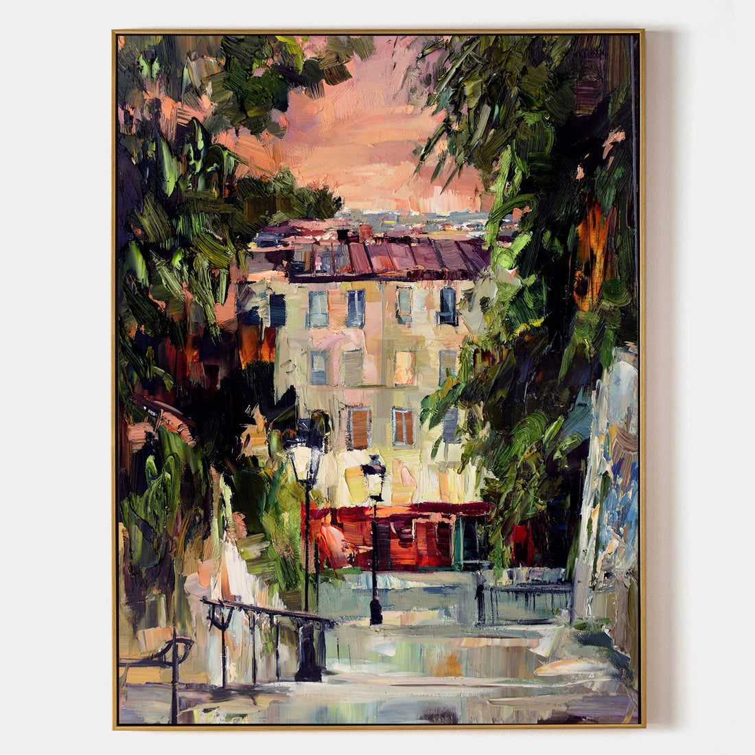 a painting of a city street with trees