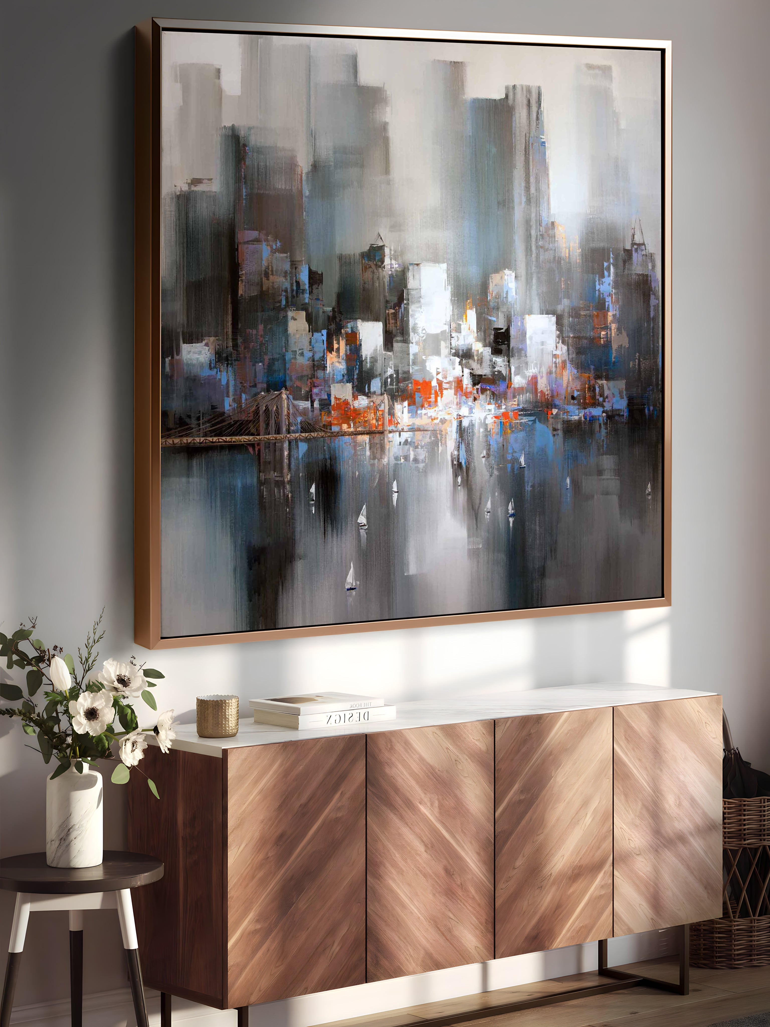 a painting hanging on a wall above a sideboard