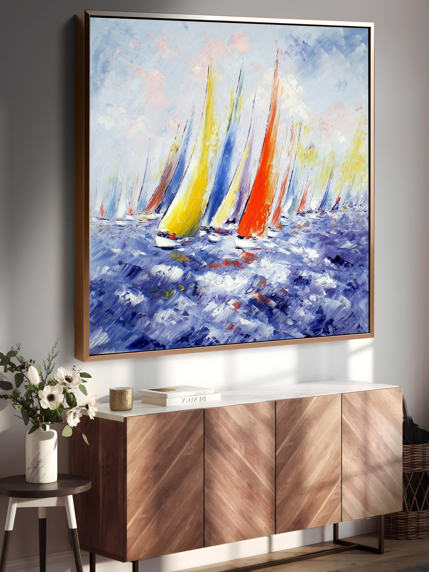 a painting of sailboats in a blue ocean