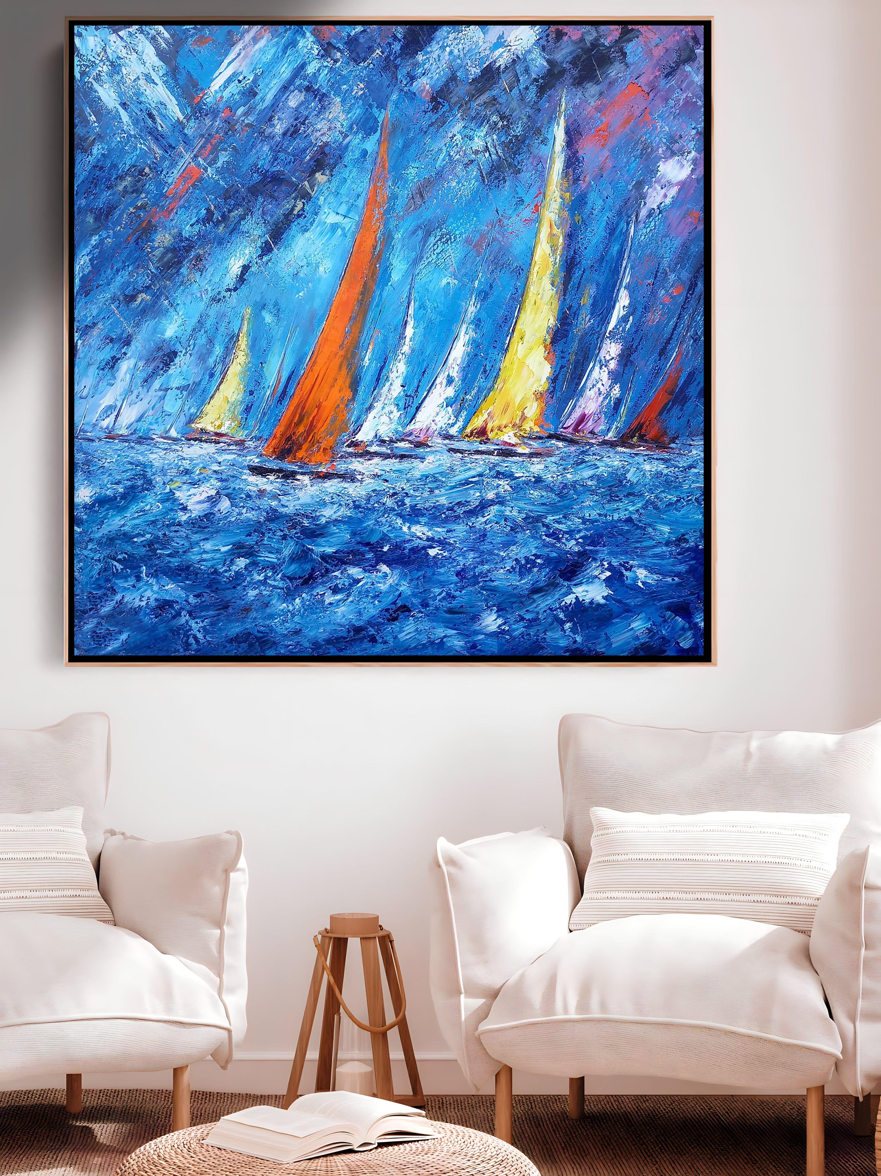 a painting of sailboats sailing in the ocean