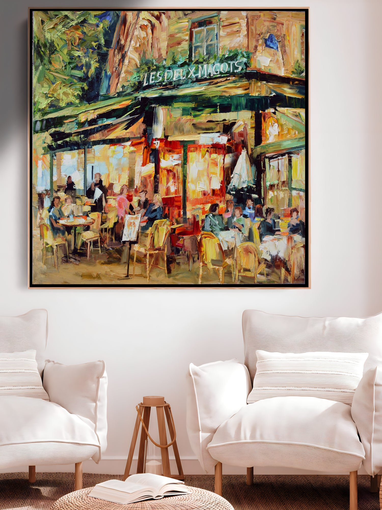 a painting of a cafe with two chairs