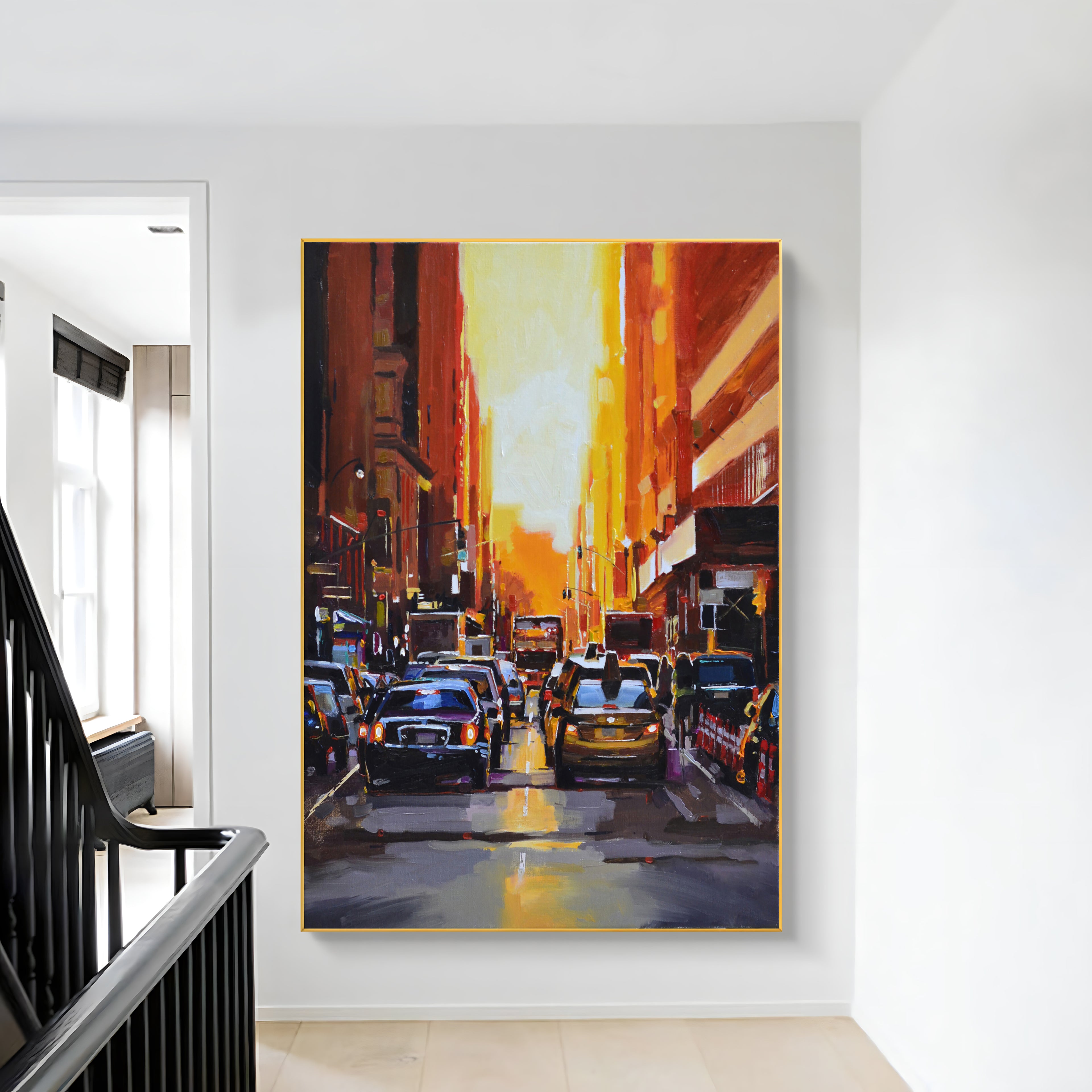 a painting of a city street filled with traffic