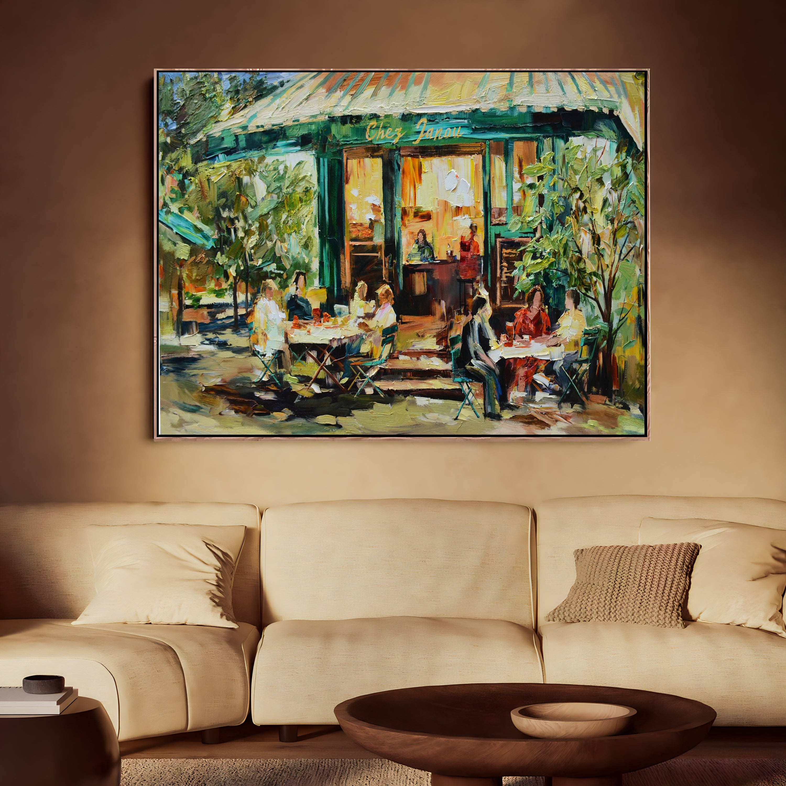 a living room with a couch and a painting on the wall