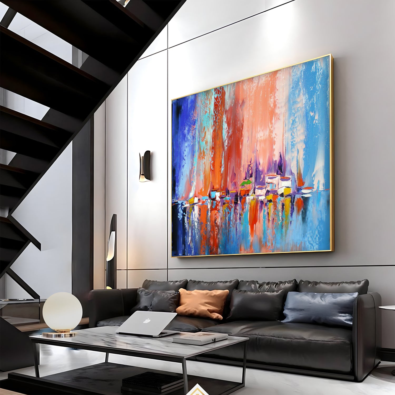 a living room filled with furniture and a painting on the wall