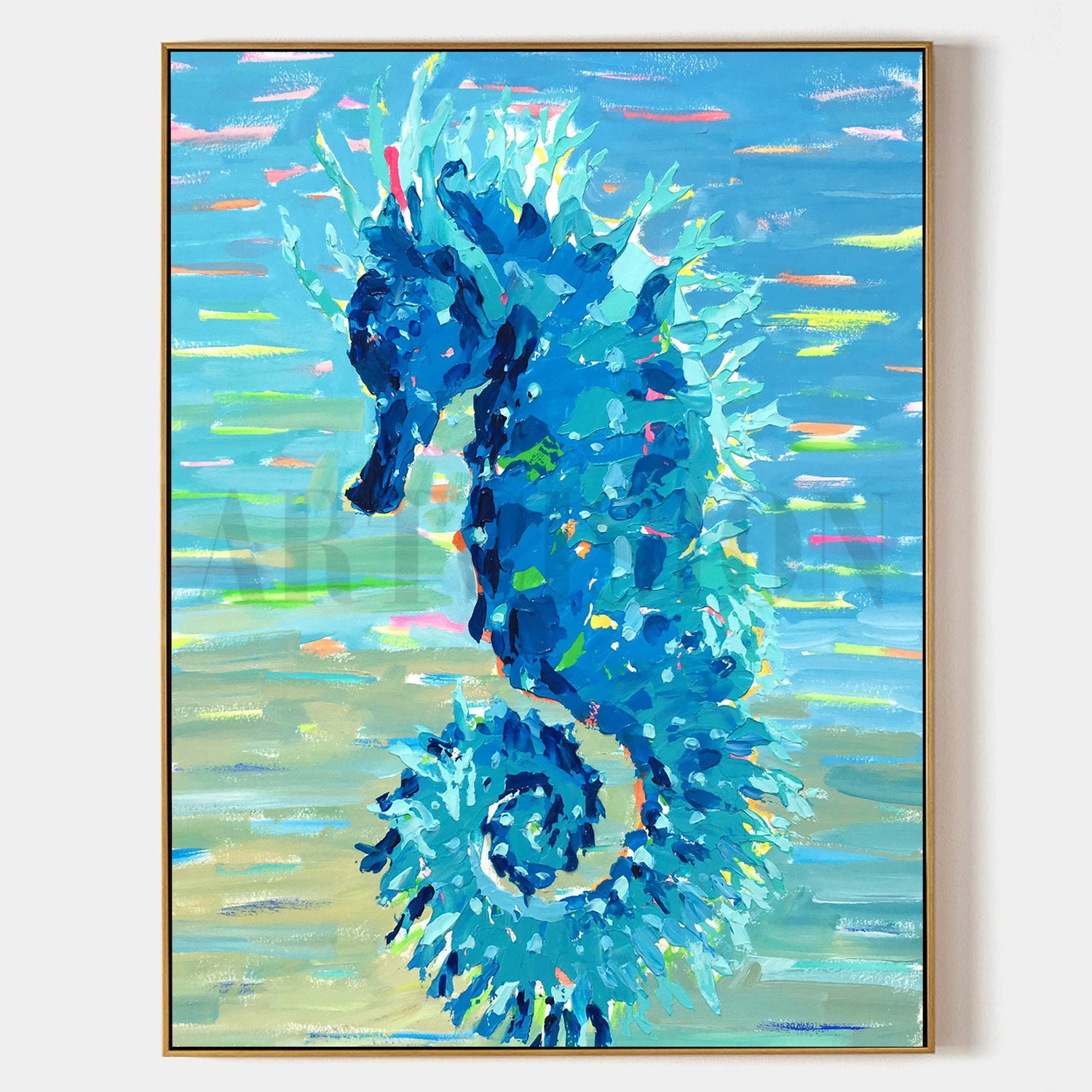 a painting of a sea horse on a blue background