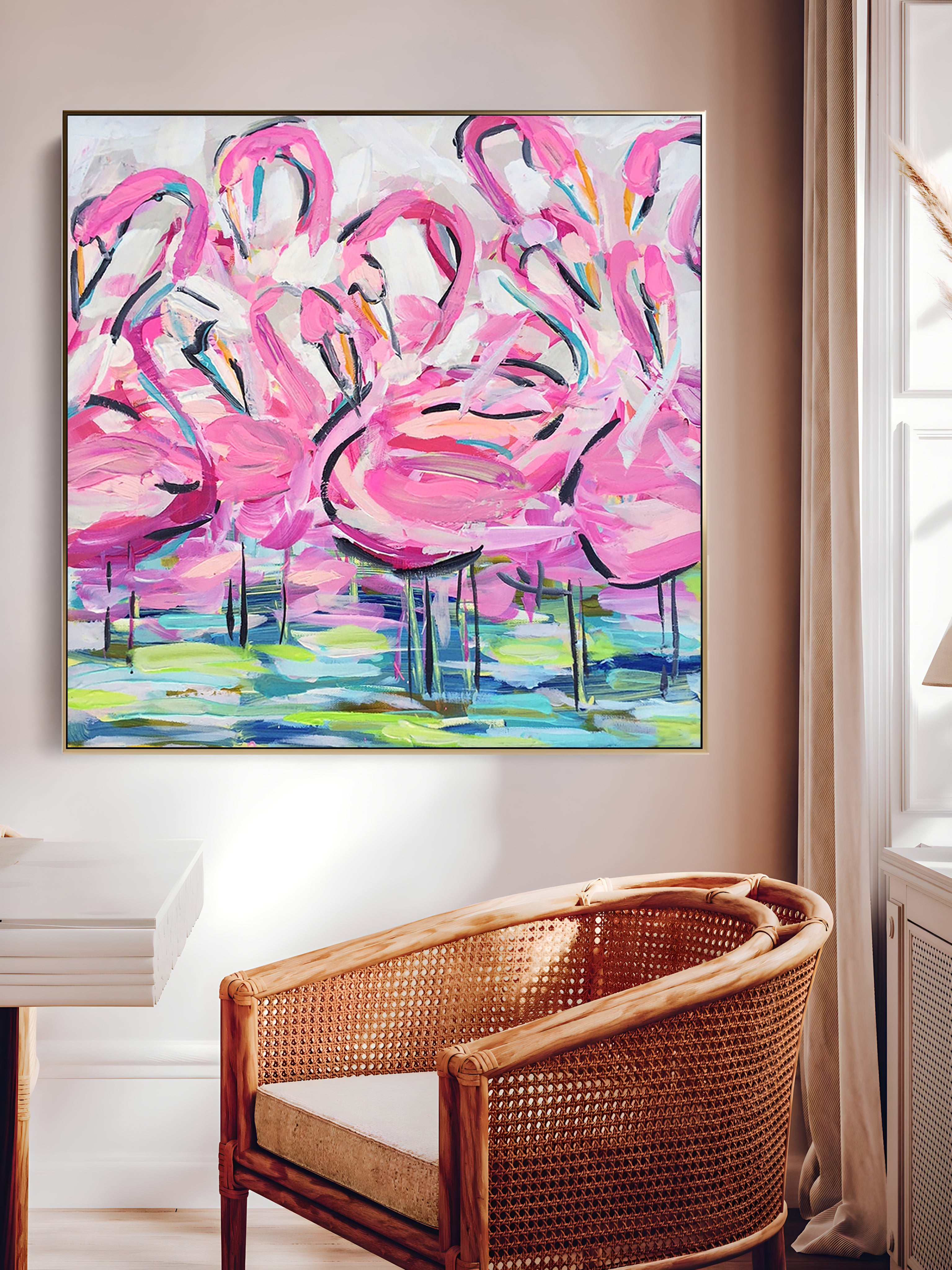 a painting of pink flamingos in a living room