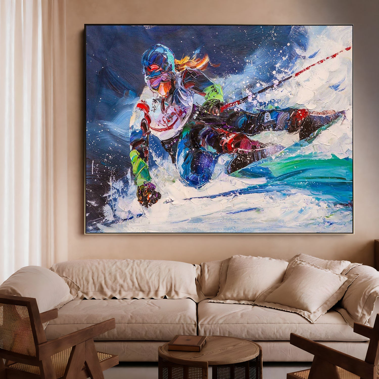 a painting of a skier is hanging in a living room