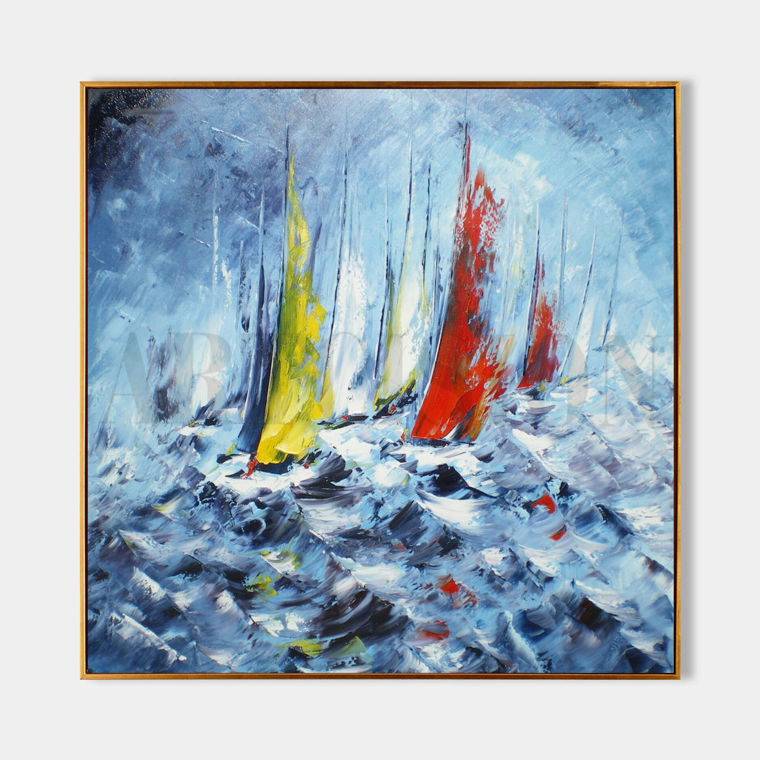 a painting of a group of sailboats in the ocean