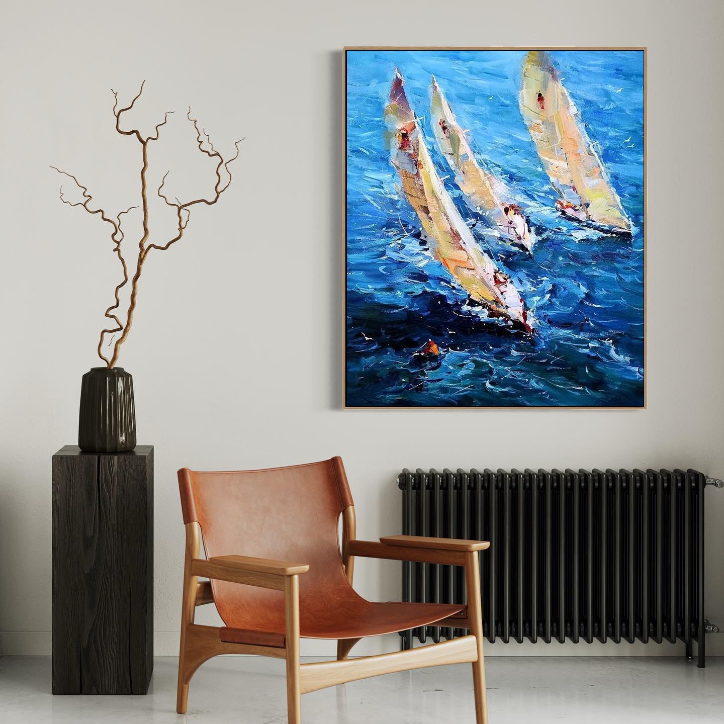 a painting of two sailboats in the ocean