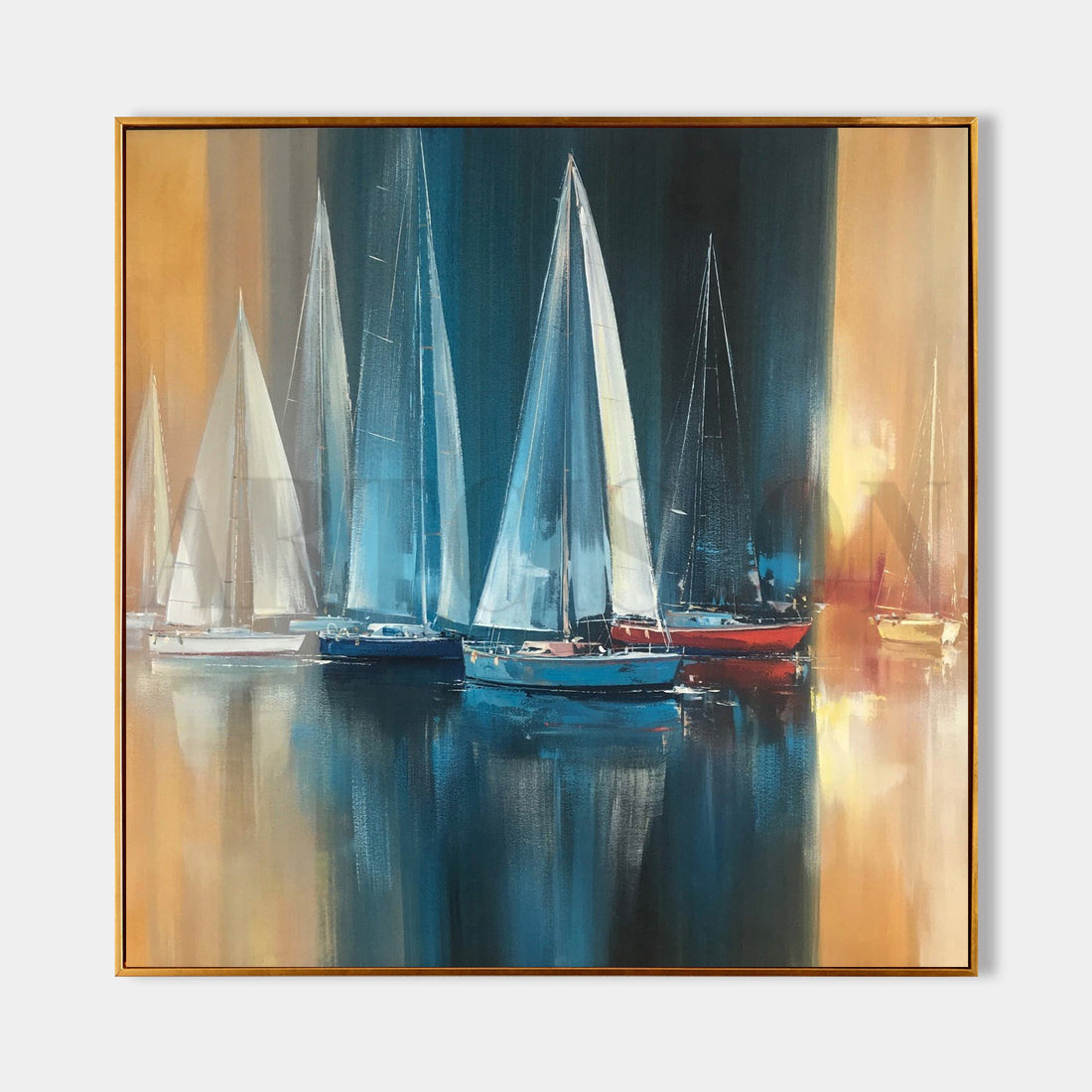 a painting of sailboats in the water