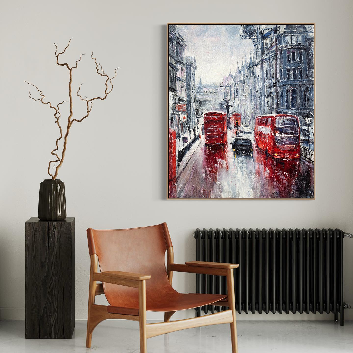 a painting of a city street with red double decker buses