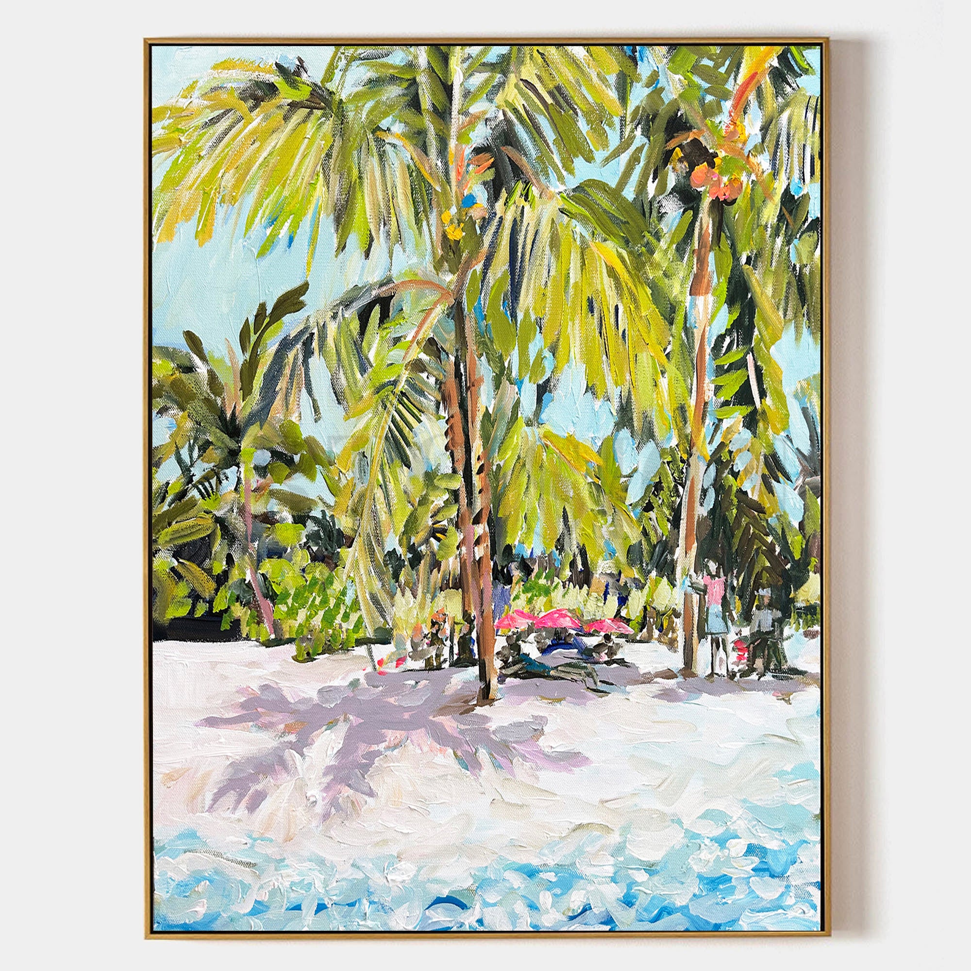 a painting of a beach with palm trees