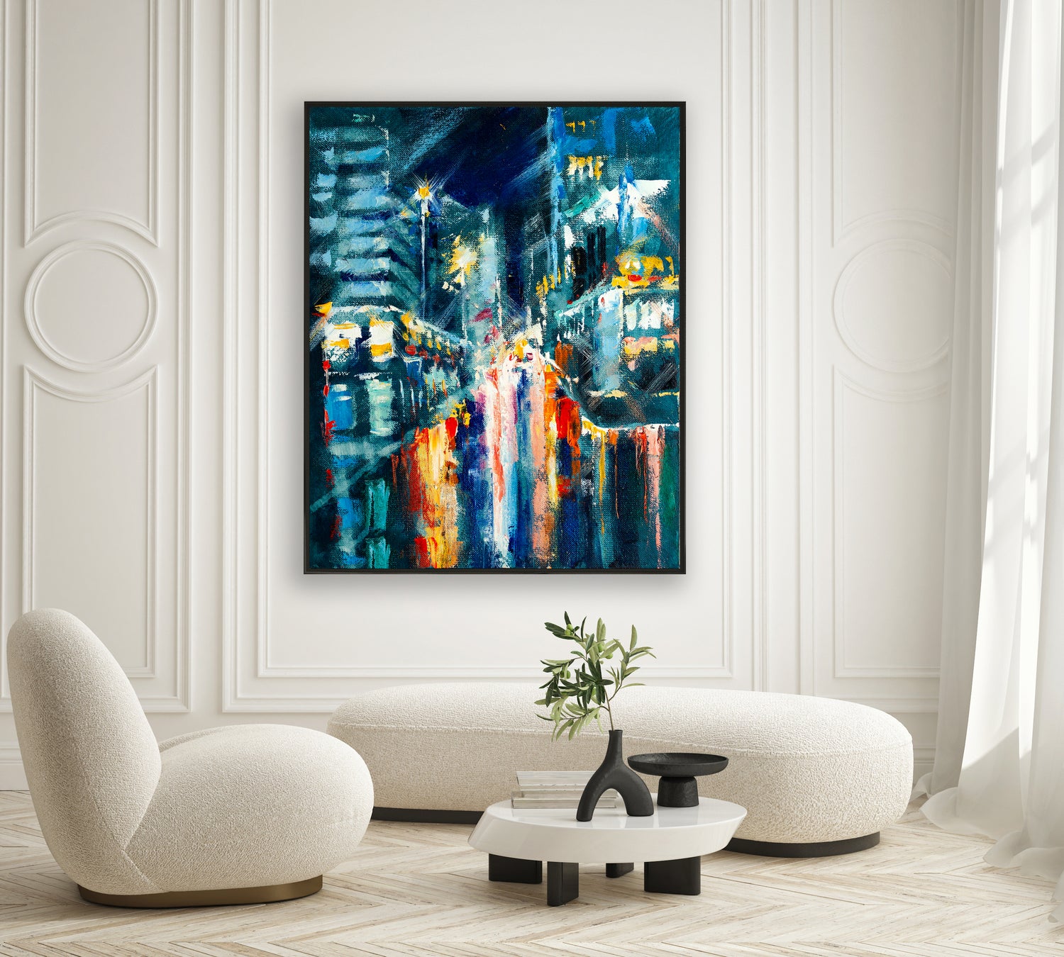 a painting of a city street at night