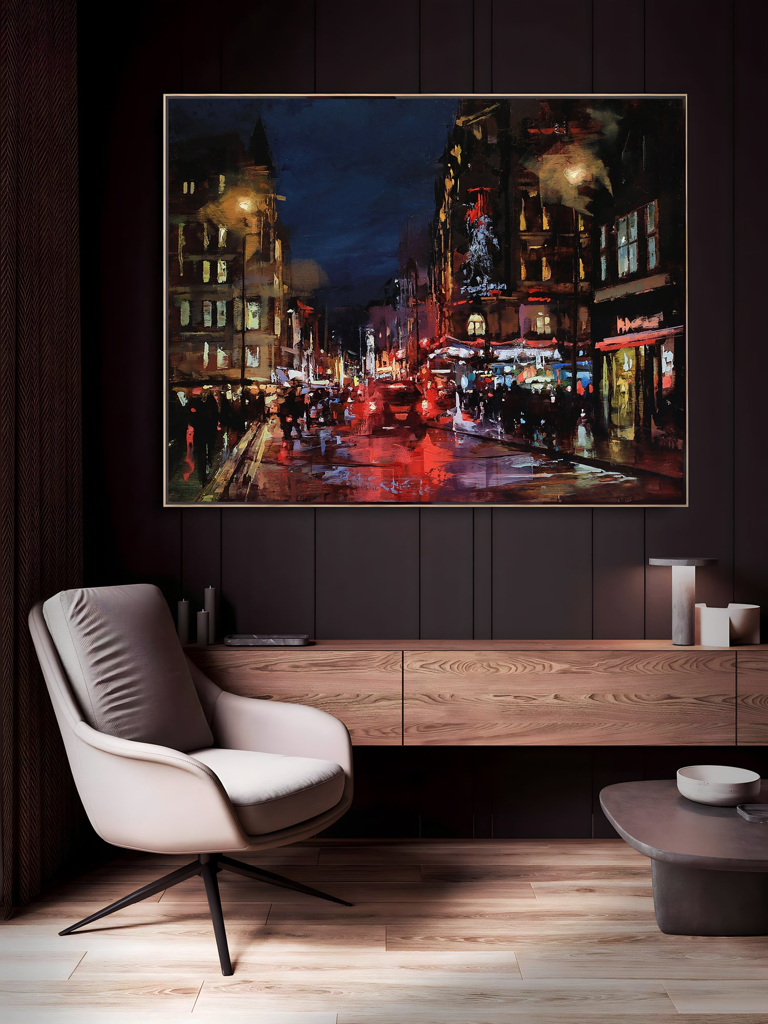 a painting of a city street at night