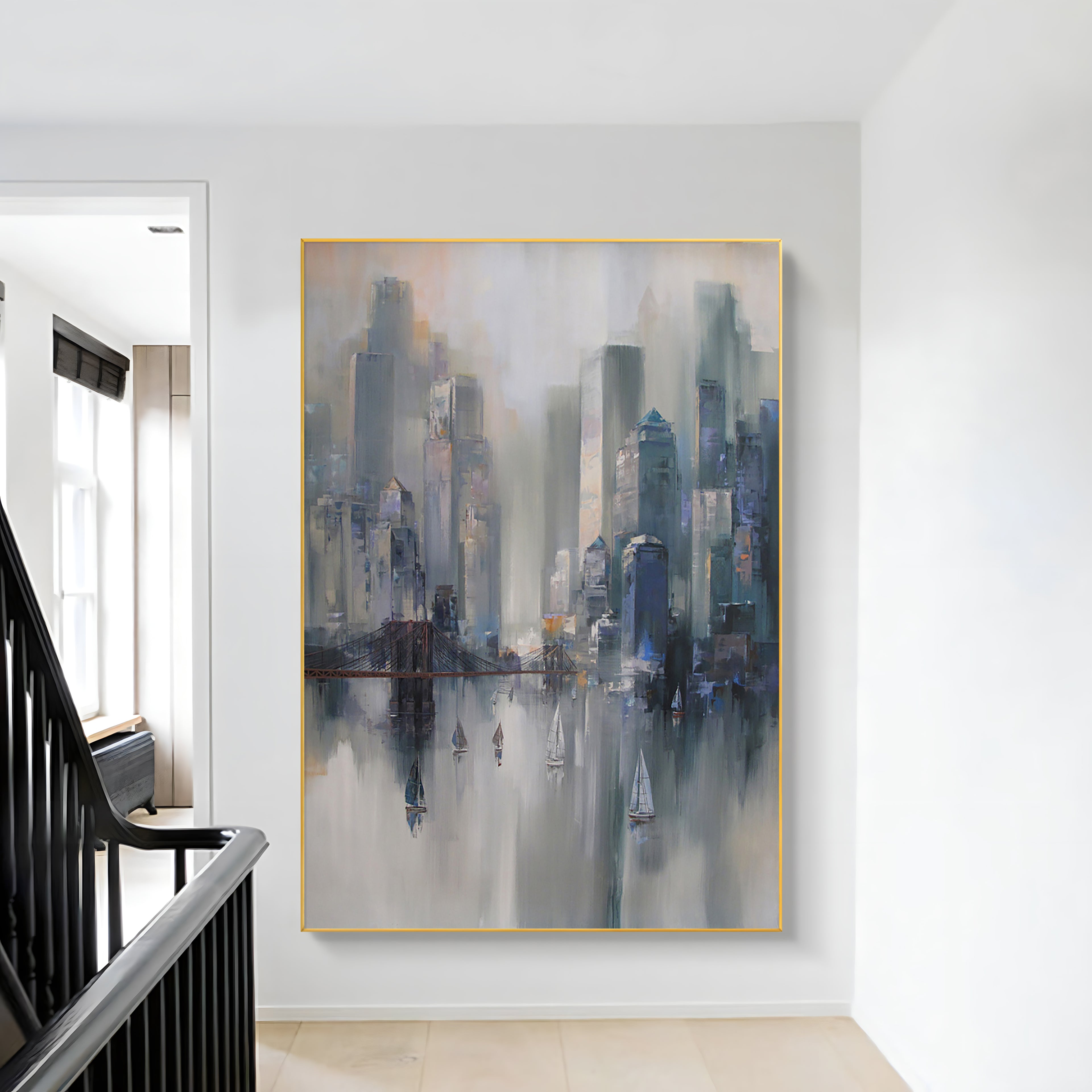 a painting hanging on a wall next to a banister