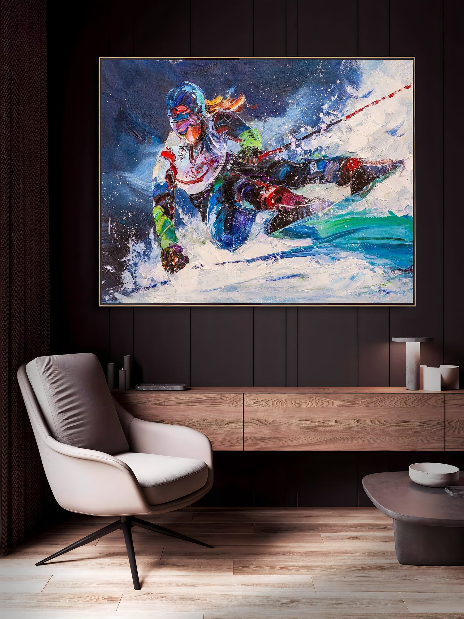 a painting of a person skiing in the snow