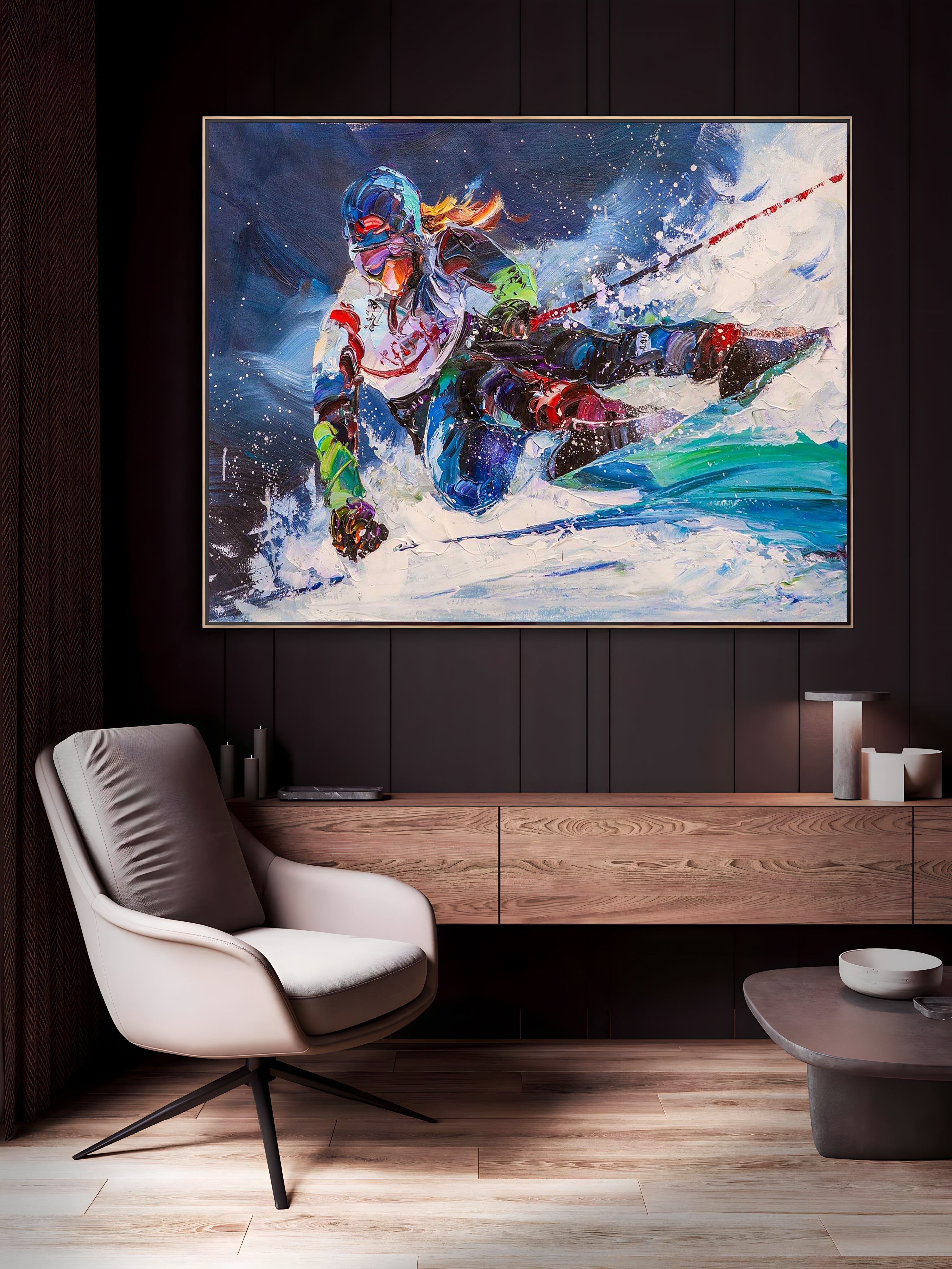 a painting of a person skiing in the snow