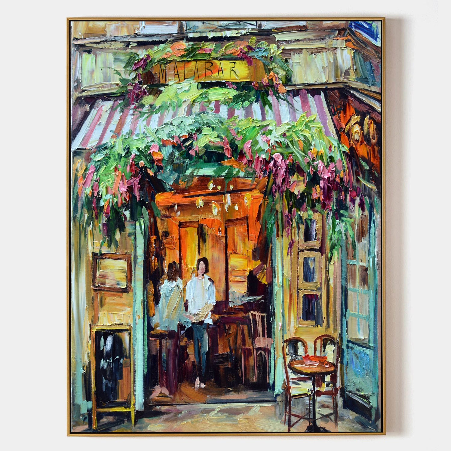 a painting of two people standing outside of a store