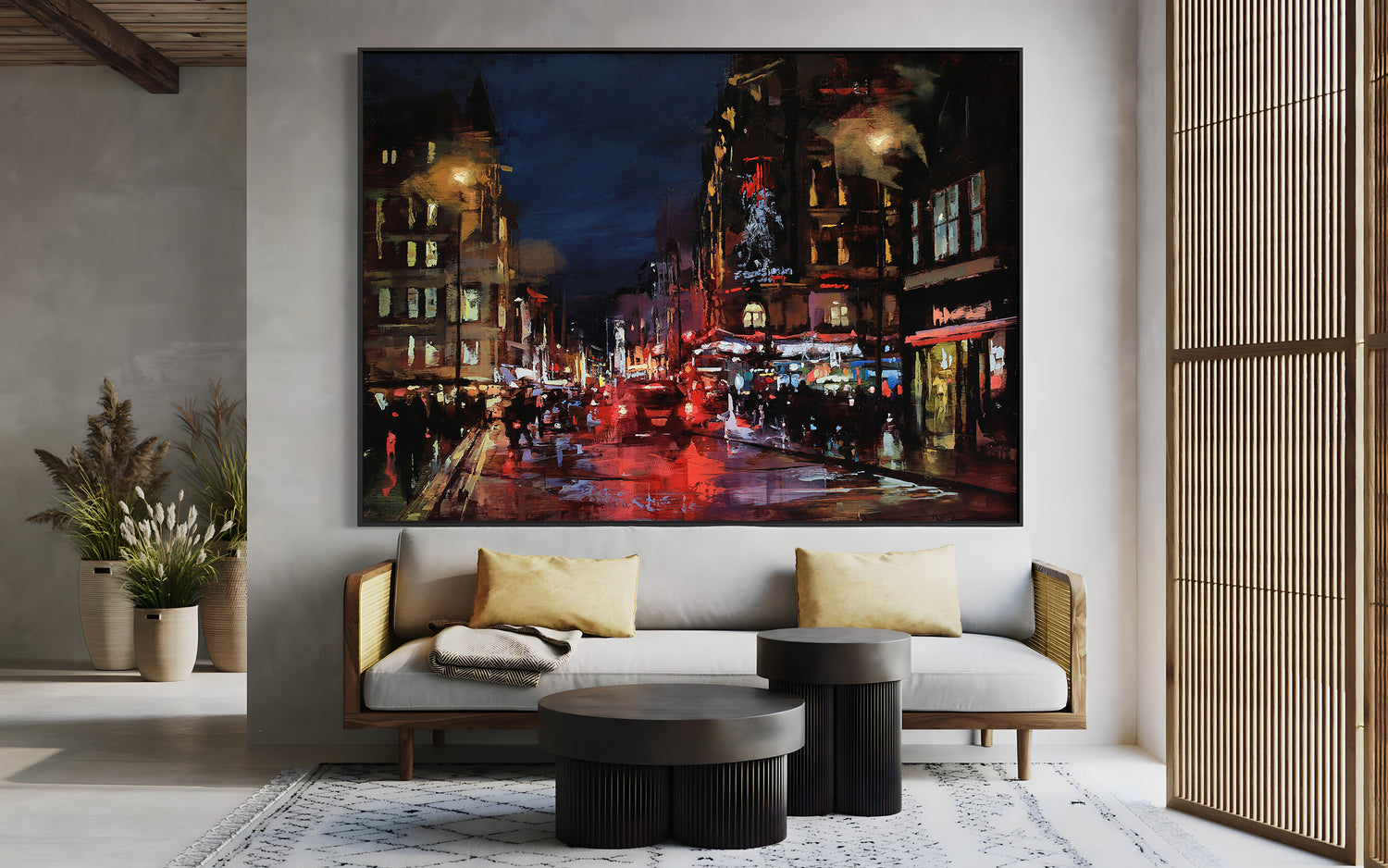 a painting of a city street at night