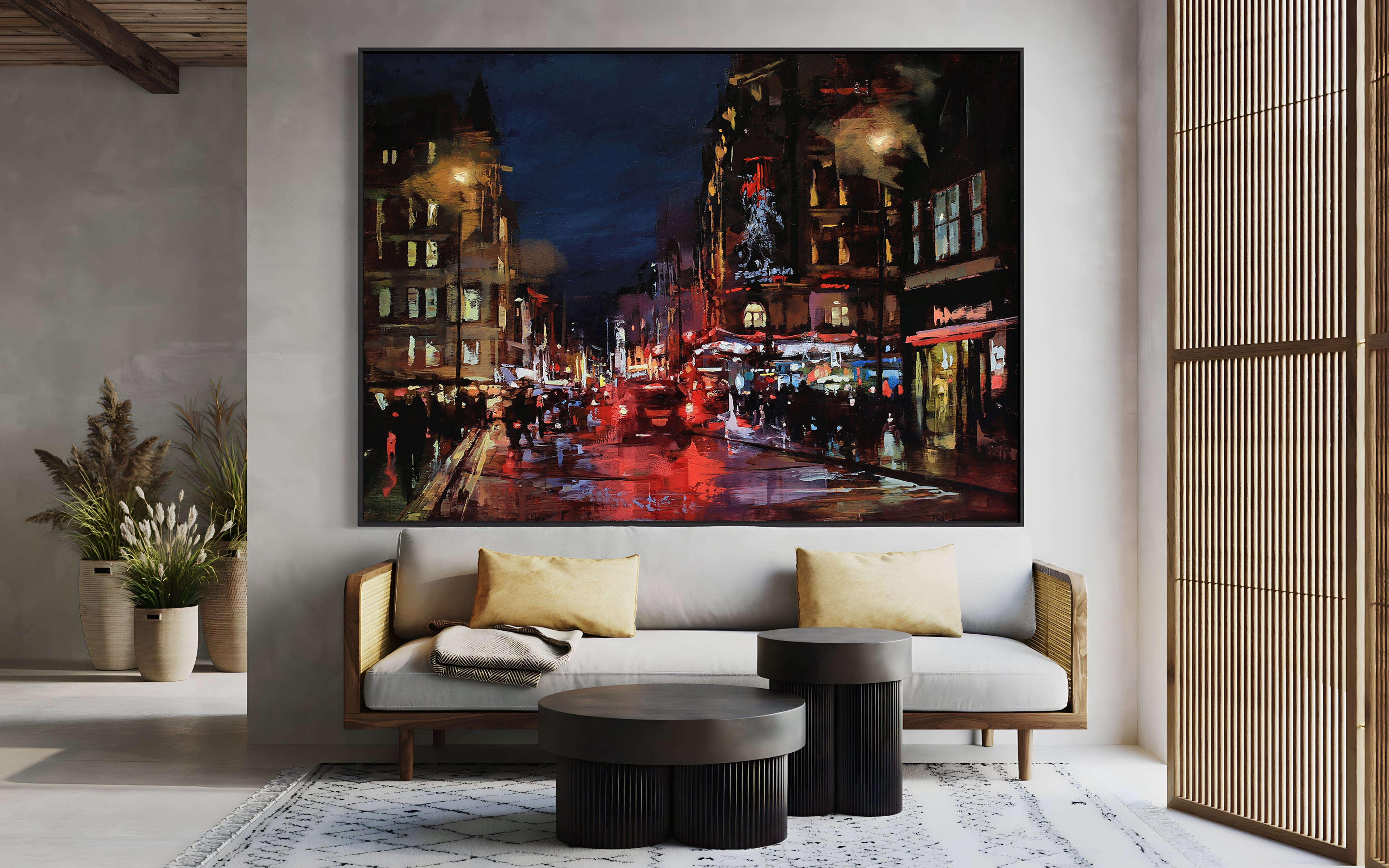 a painting of a city street at night