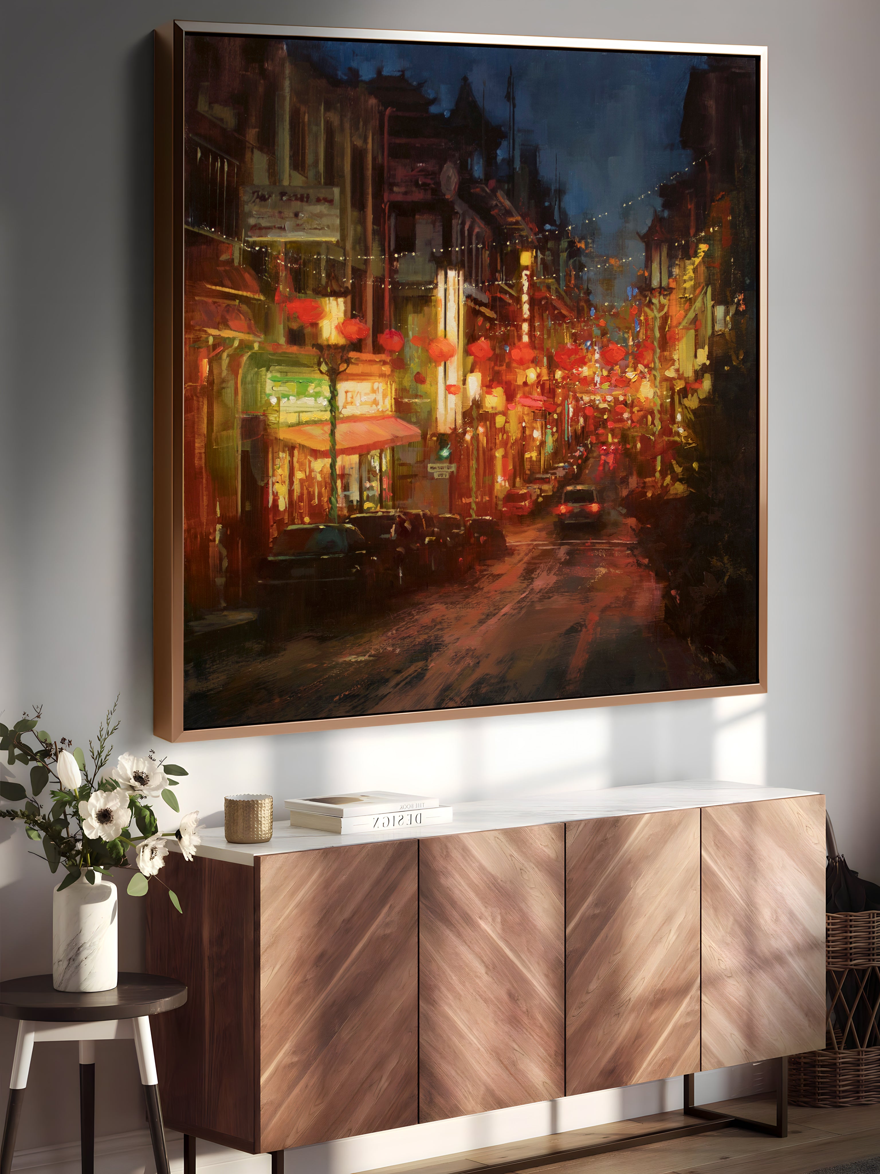 a painting of a city street at night