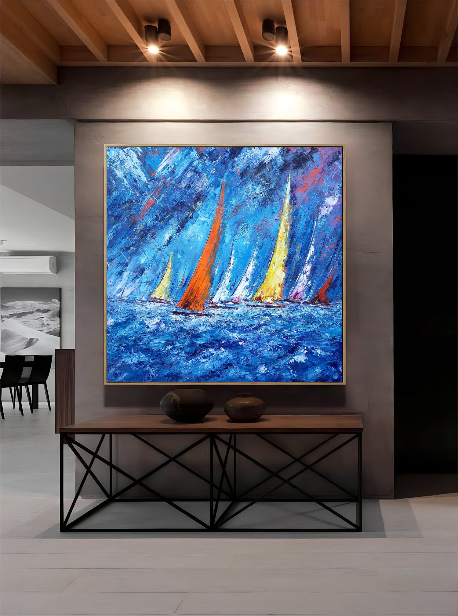 a painting of sailboats in a blue ocean