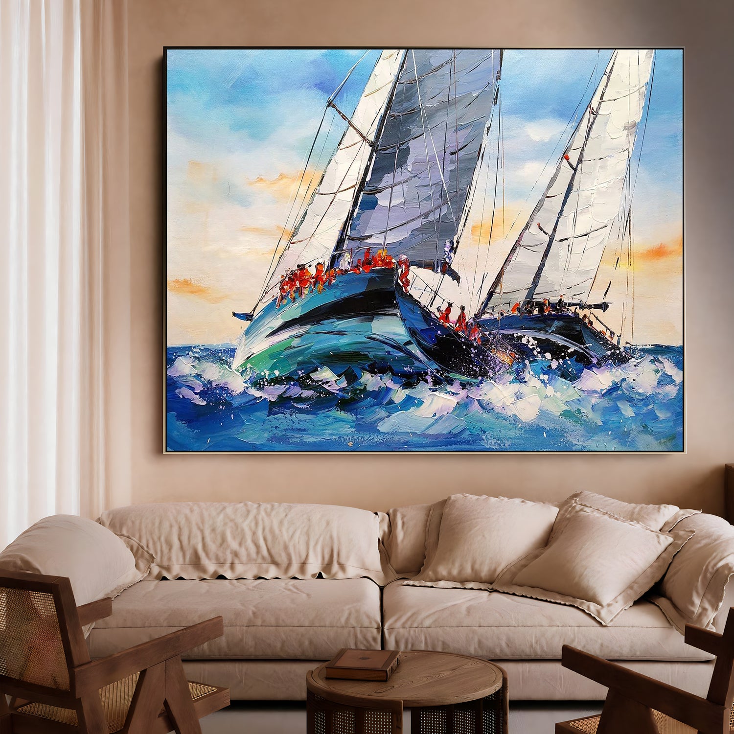 a painting of a sailboat in the ocean