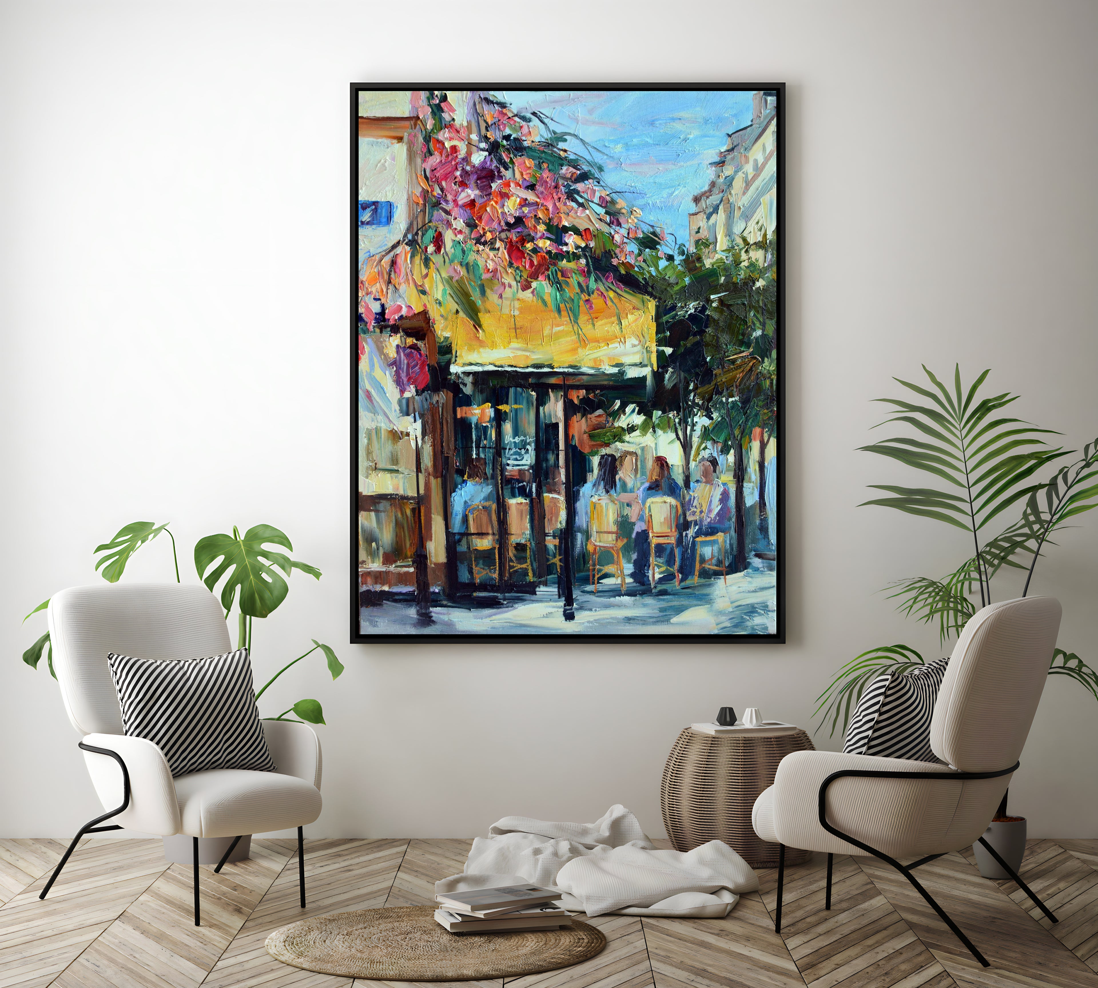 a painting of a street corner with two chairs and a potted plant