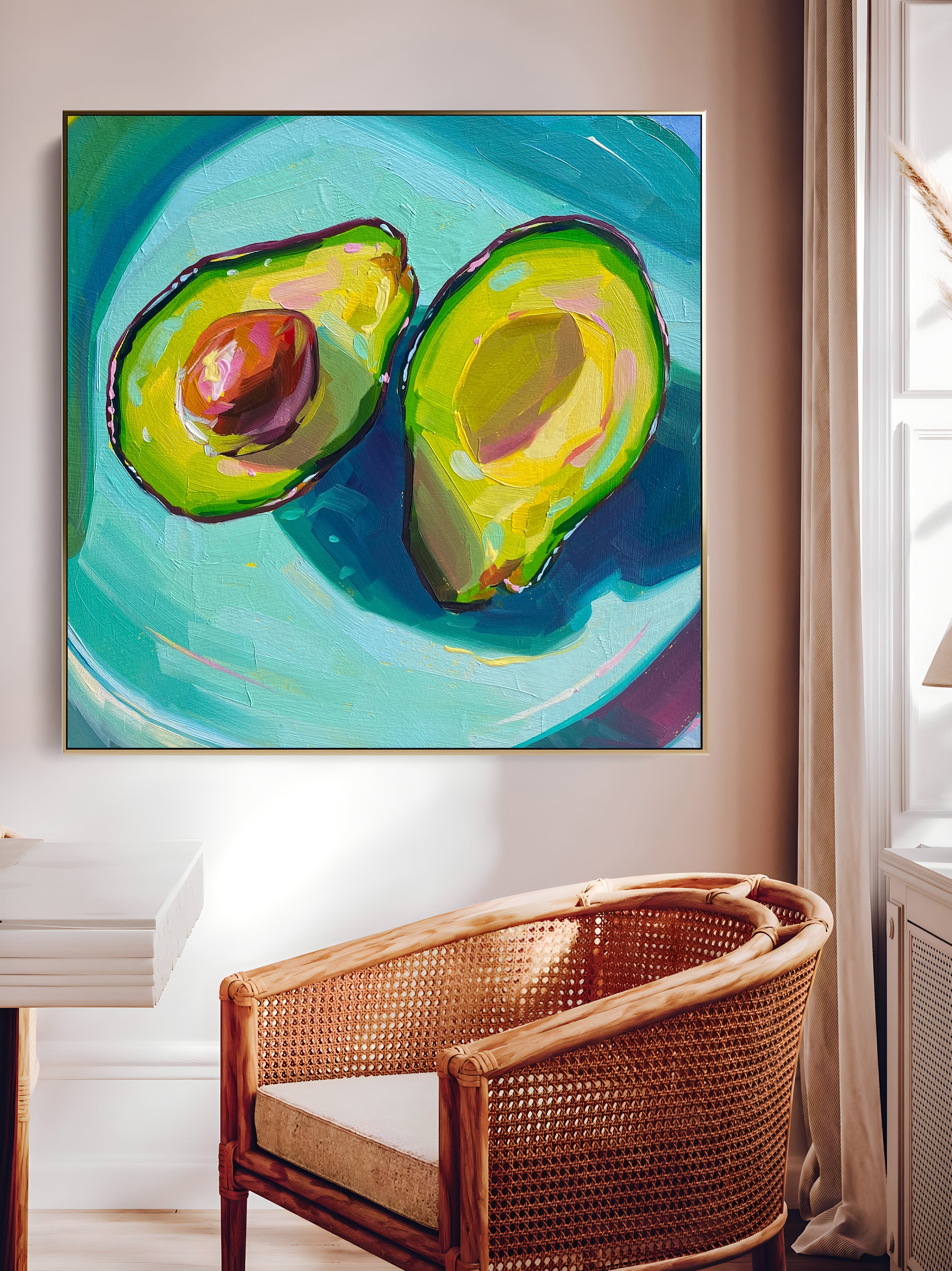 a painting of two avocados on a blue background