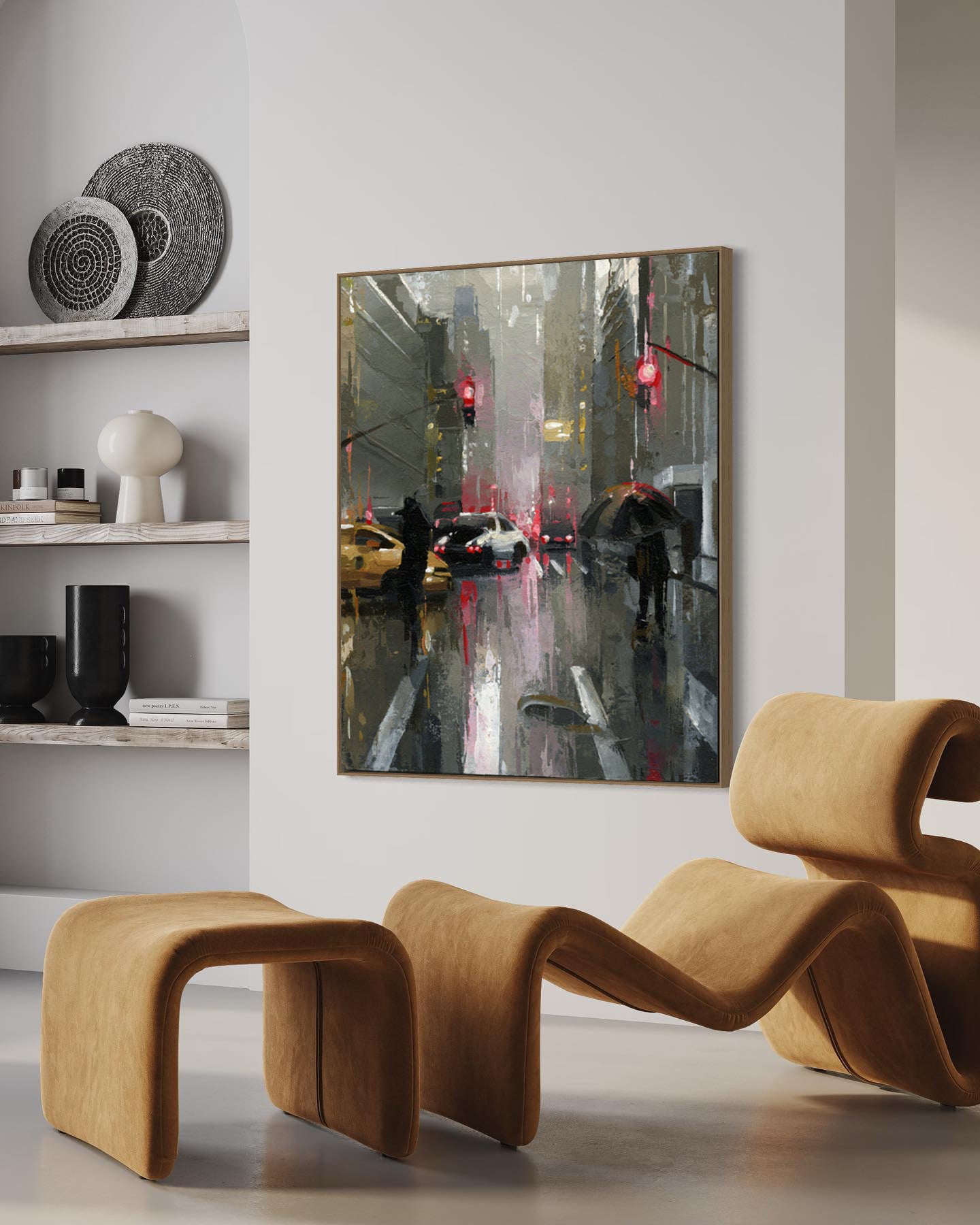 a painting of a city street with cars on it